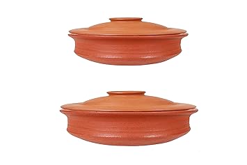 4U Crafts India Online Combo Hand Made Earthen Pottery 1,2 Liter Red with Lid/Clay Handi/Kadai (Red:1&2 Liter Pre-Seasoned Earthenware)