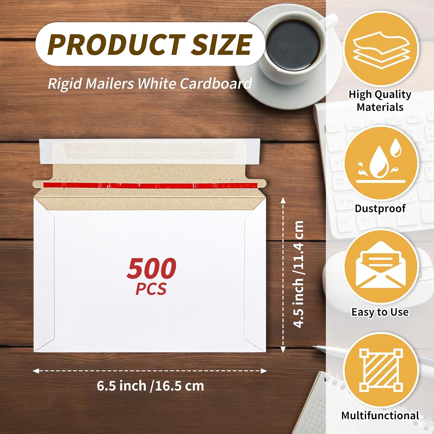 500 Pack 6.5 x 4.5 Inch Rigid Mailers Self Seal Cardboard Protective Flat Card Shipping Envelopes Bulk for Document CD Photo White