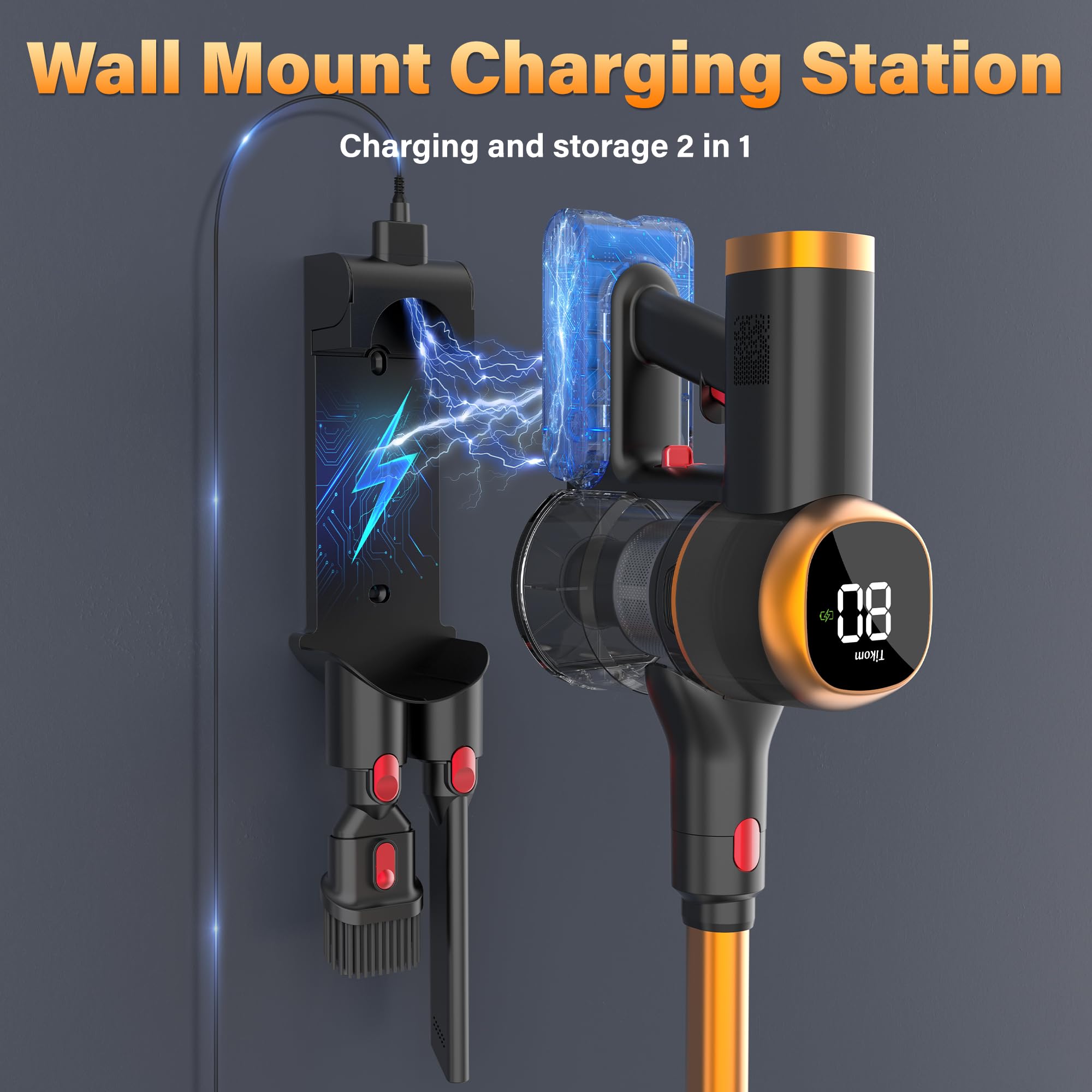 Tikom V500 Cordless Vacuum Cleaner for Home, 40000Pa/450W Stick Vacuum with LED Touch Screen, Charging Wall Dock, Anti-Tangle, Lightweight Handheld Vacuum for Pet Hair, Hard Floor, Carpet view 4