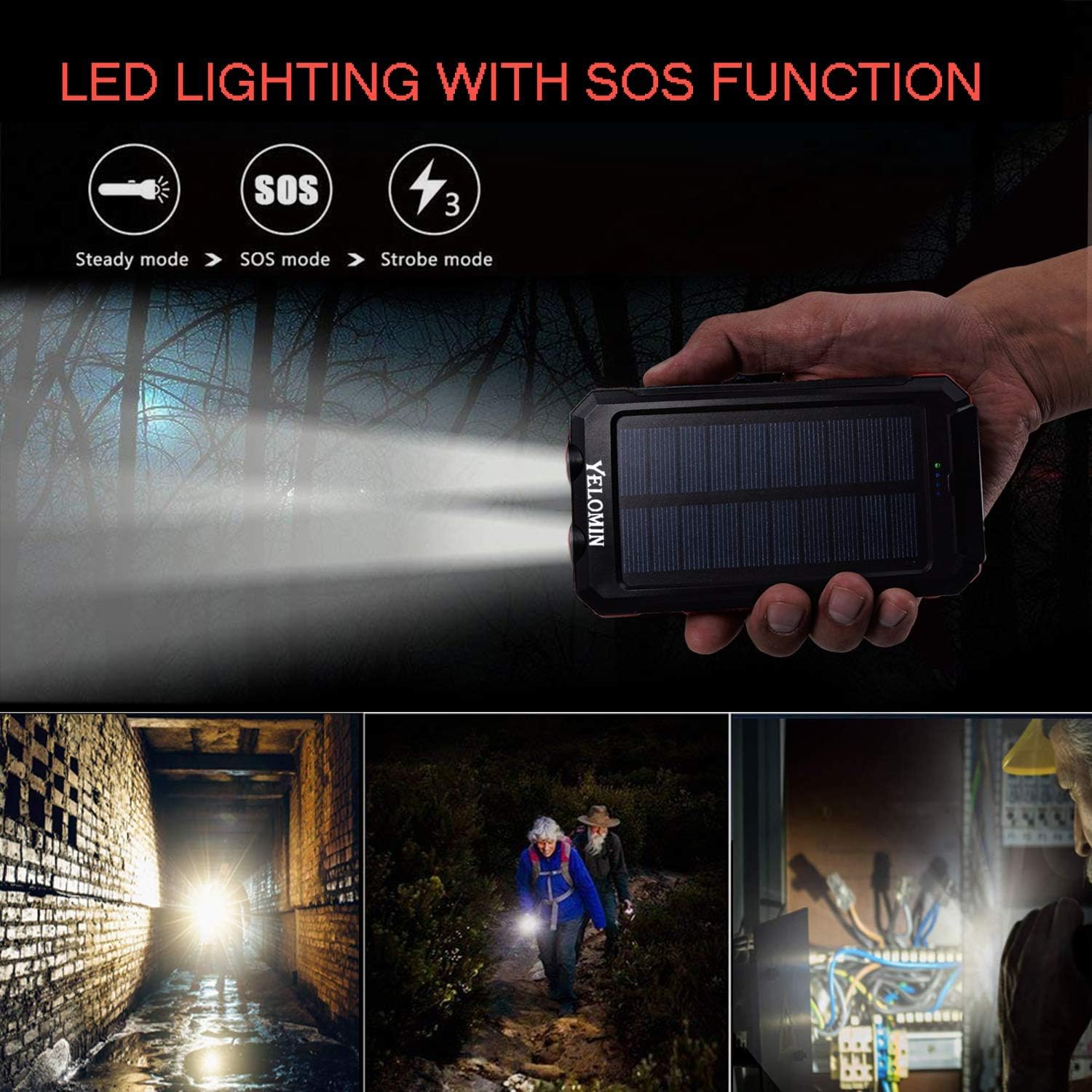 Solar Charger,YELOMIN 20000mAh Portable Waterproof Solar Power Bank for Cellphones External Backup Battery Pack Built-in Dual USB Outputs/LED Flashlights,Compatible with Tablets and Other Devices : Cell Phones & Accessories