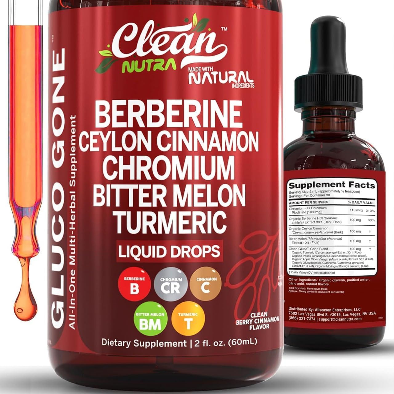 Clean Nutra Berberine with Ceylon Cinnamon Supplement Liquid Drops + Bitter Melon Extract, Glucomannan, Gymnema, Chromium, Turmeric, Organic Panax Ginseng, Moringa GLP-1 Support - Amazon product rated Grade A