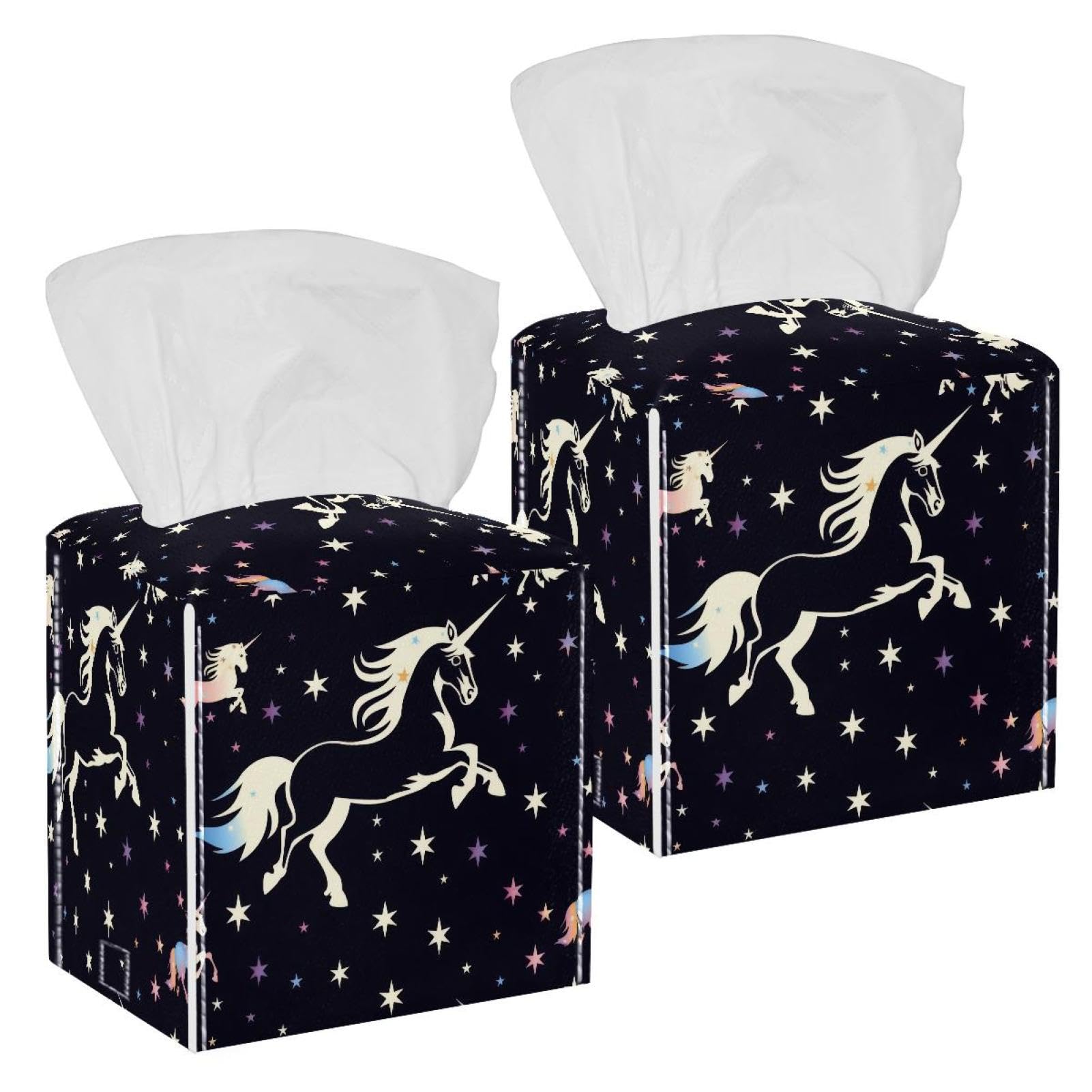 Unicorn Silhouette Tissue Box Cover, 2 Pack PU Leather Square Facial Tissue Dispenser Box holder for Home Office Car