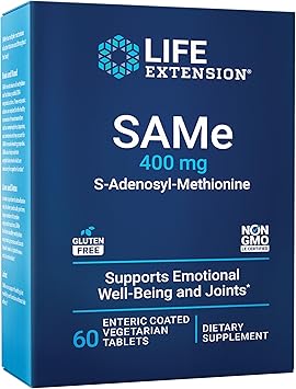 Life Extension Same, S-Adenosyl-Methionine, 400 mg, Mood and Liver Health and Joint Support Supplement, Non-GMO, Vegetarian, Gluten Free, 60 enteric-Coated Tablets