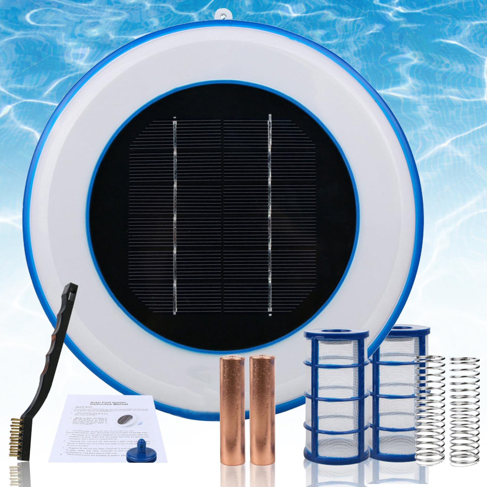 Solarny jonizator miedzi do basenu naziemnego, czyszczenie 85% mniej chloru, automatyczny środek czyszczący do basenu do 45000 litrów zabija glony, utrzymuje basen w czystości