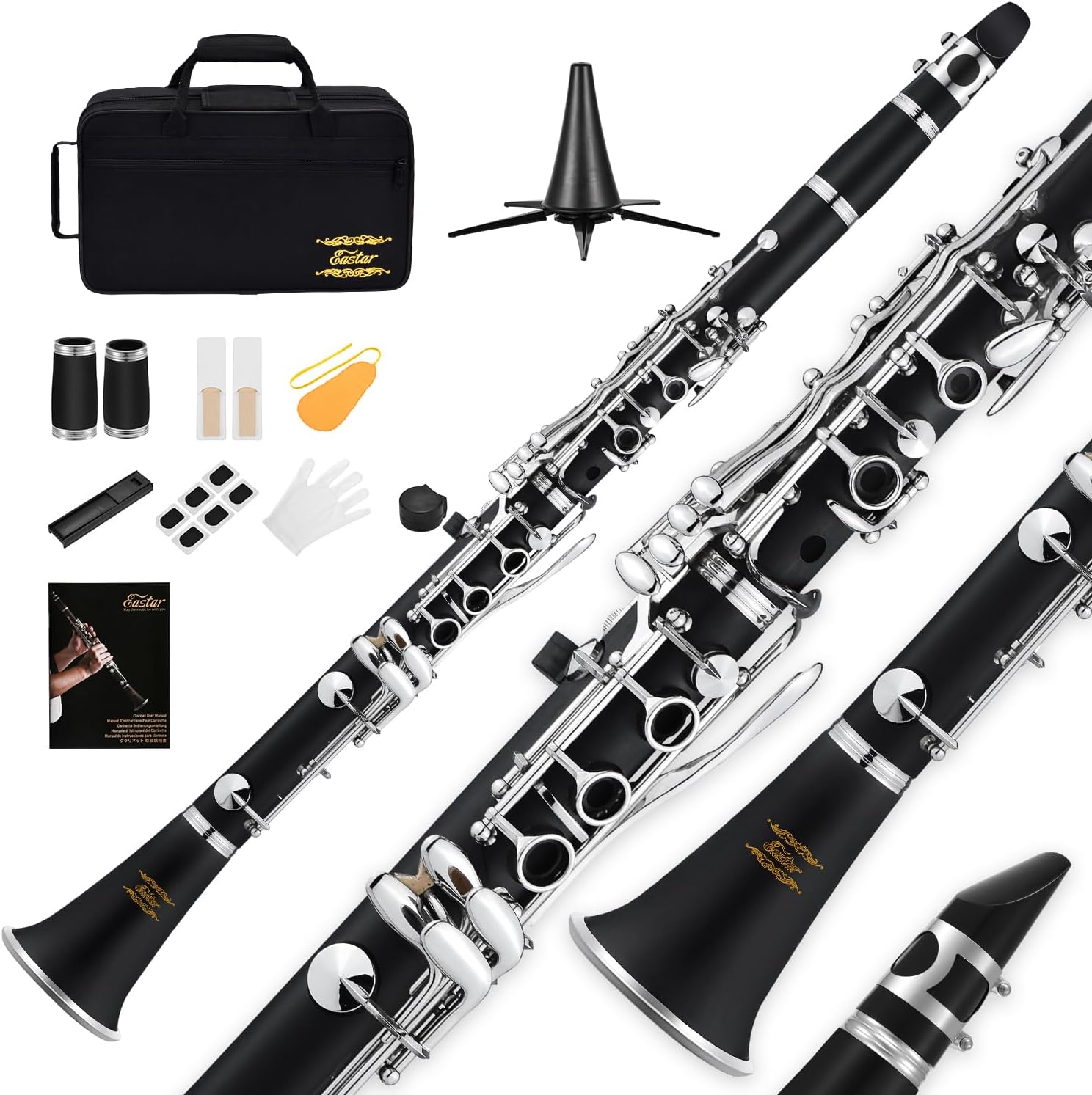  B Flat Ebonite Clarinet Beginner, Nickel, Hard Case Kit, ECL-300 thumbnail