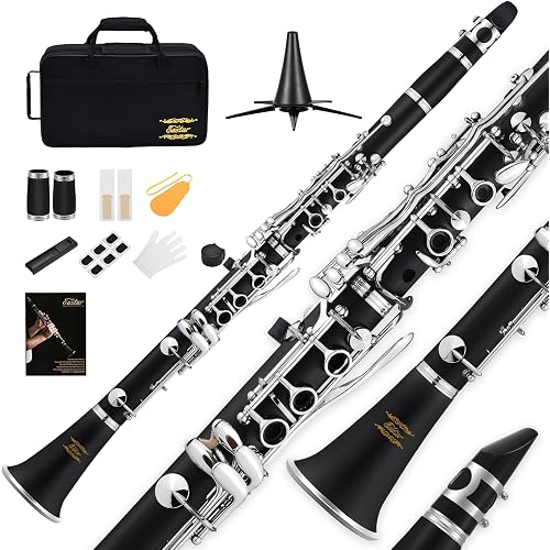 Eastar B Flat Clarinet for Beginner, Ebonite Clarinet Nickel-plated with 2 Barrels, 3 Reeds, White Gloves, Hard Case, Cleaning Kt, ECL-300