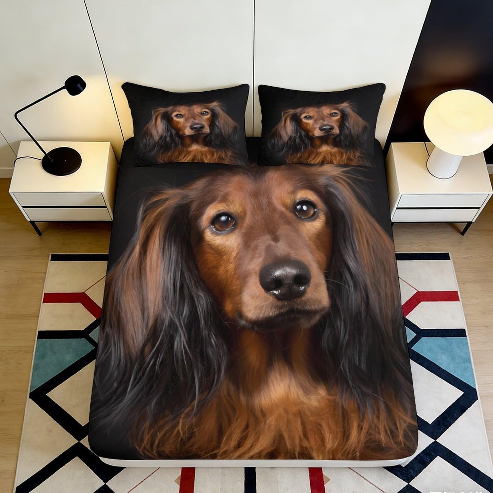 3D Printed Dog Portrait Fitted Sheet Microfiber Soft Brown Long Hair Dachshund Bed Cover for Bedroom Guestroom Decor 90x200x25cm