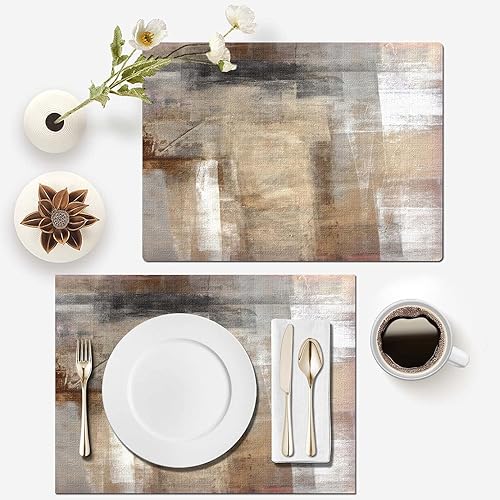 Miniatura 3 de Mcalk Juego de 6 manteles individuales y manteles individuales marrones, manteles individuales beige de arte moderno, manteles individuales de tela