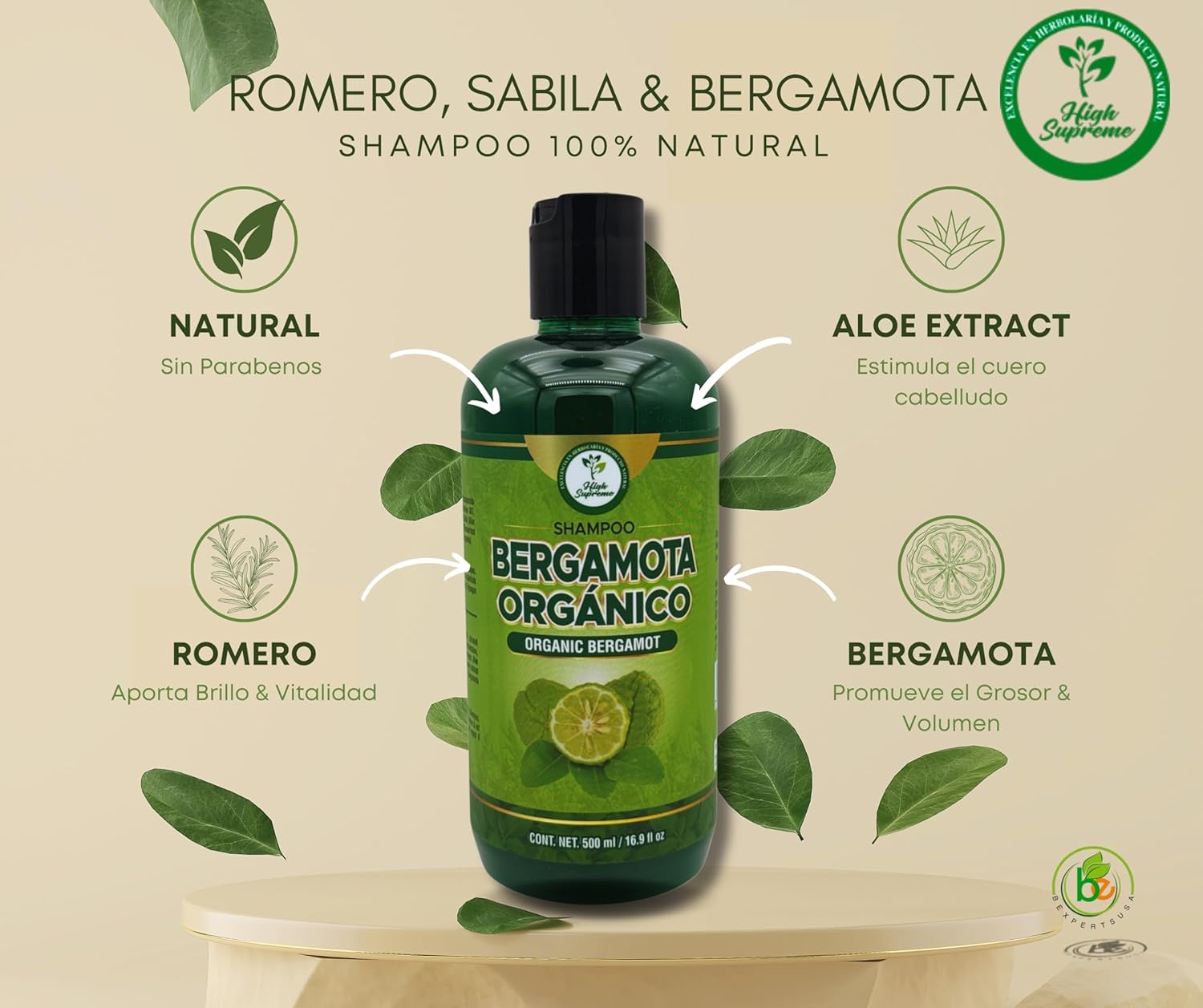 HIGH SUPREME Shampoo organic bergamot (16.9 fl oz) with aloe vera & rosemary SHAMPOO ORGANICO BERGAMOTA con Sabila & Romero Cont. net. 500 ml (Pack of 2)