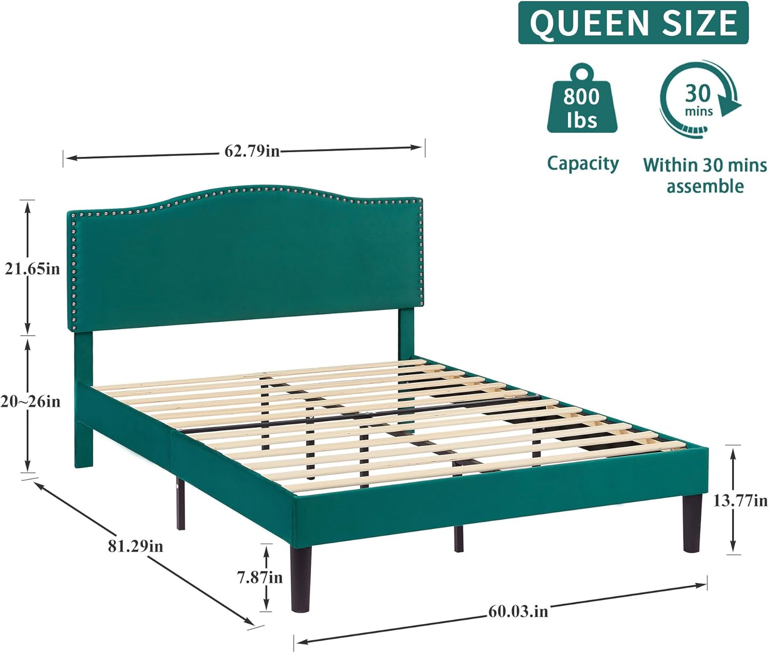 VECELO Queen Bed Frame, Platform Bed Frame with Adjustable Height Upholstered Headboard, Heavy-Duty Frames and Strong Wooden Slats Support, Non-Slip and Noise-Free, Easy Assembly, Dark Green - Image 2