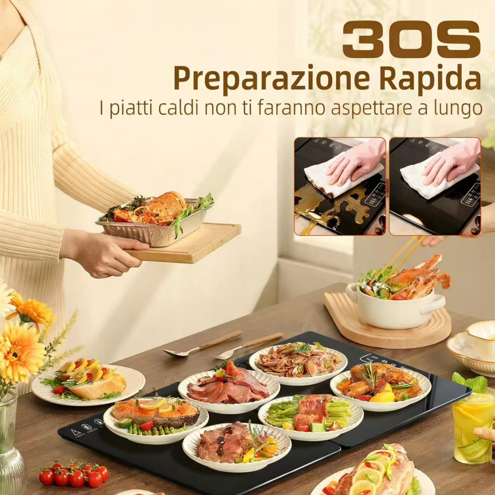 Piastra Riscaldante Elettrico 80 * 30 CM, Temperatura Regolabile e Pieghevolee, Tappetino Scaldavivande Multiuso per Mantenere Caldi o Scongelare gli Alimenti a Casa, in Feste ed Eventi