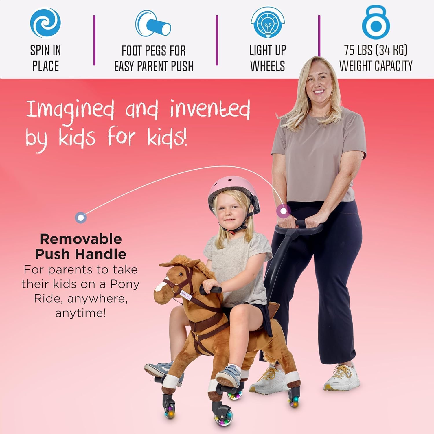 Power Pony Push Riding Horse (Champ-Brown) | Soft Plush Wheeled Ride-On Toy for Toddlers Age 2+