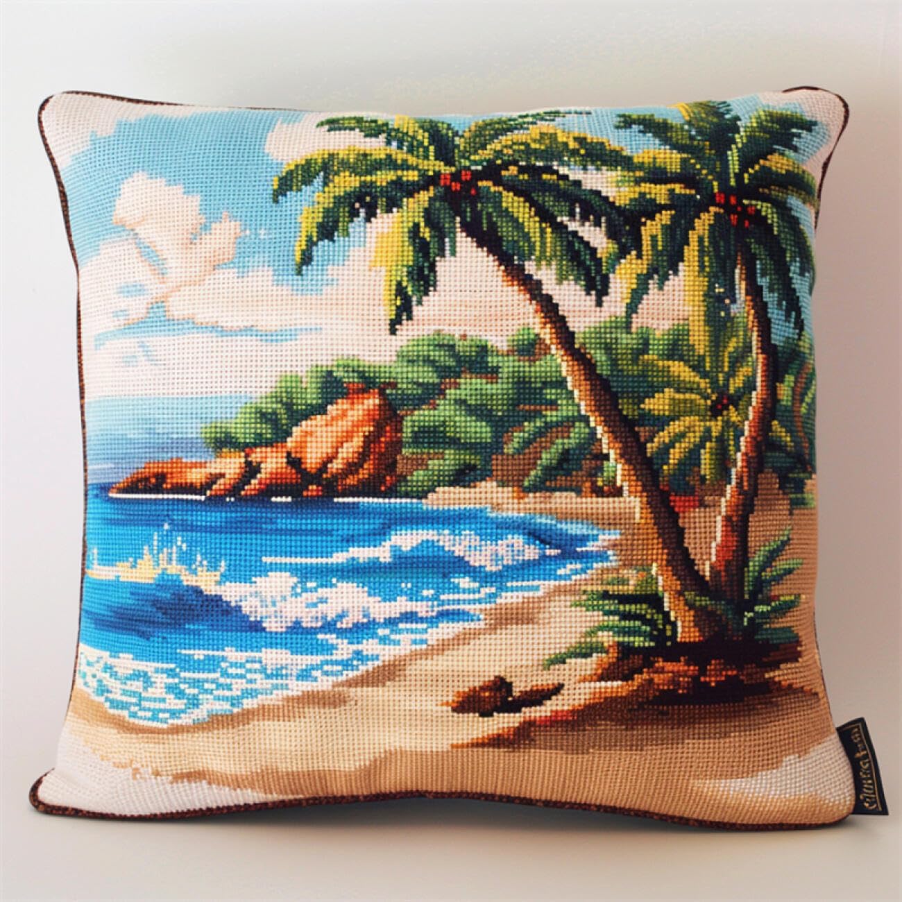 Henypt 9CT Cross Stitch Cushion Kits Cartoon Seascape DIY Cushion Embroidery Kit Needlepoint Handmade Needlework Cushions Kits Stitched Pillow Cover Set for Adults Beginners 50x50cm