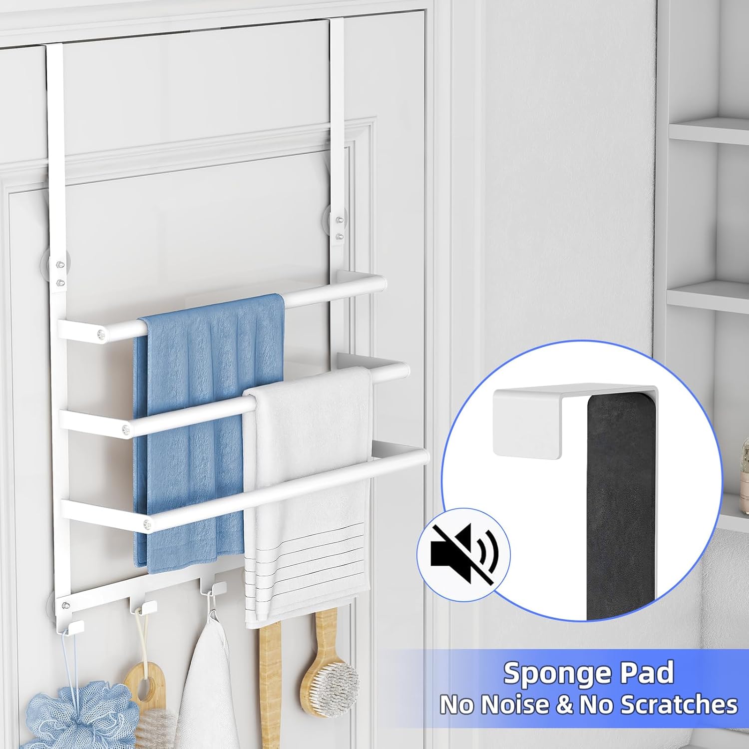 Over The Door Towel Rack, Over Door Towel Racks for Bathroom Door with 5 Hooks, 3 Tier Towel Storage Hanger Holder for Bathroom Accessories, 16 Inch Towel Bar for Hanging Towels, White