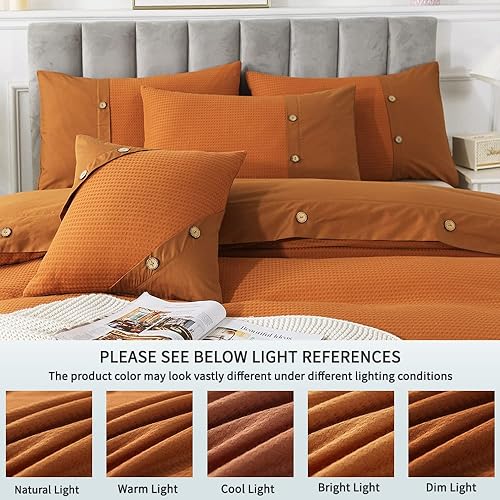 Miniatura 7 de FADFAY Juego de funda de edredón color naranja quemado, tamaño Queen, tejido de gofre, funda de edredón con cremallera, reversible, de lujo,