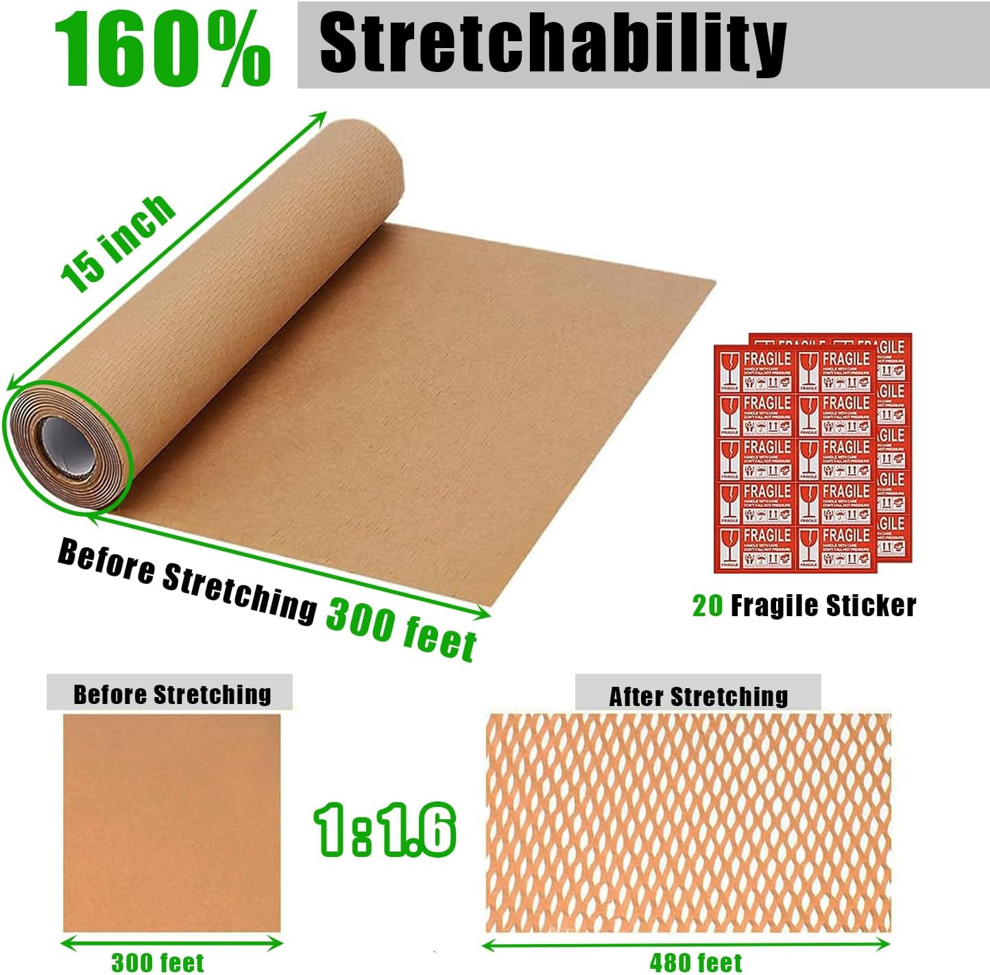 Honeycomb Packing Paper, 15"x300' Eco Friendly Packing Materials for Shipping Breakable Recyclable Moving Supplies Paper Bubble Wrap Sheets Roll with 20 Fragile Sticker Labels