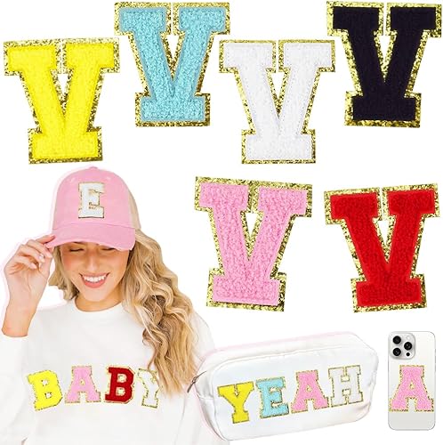 6 parches de letras de felpilla grandes de 3 pulgadas, letras termo-adhesivas para tela y ropa, bordado con purpurina para chaqueta Letterman,