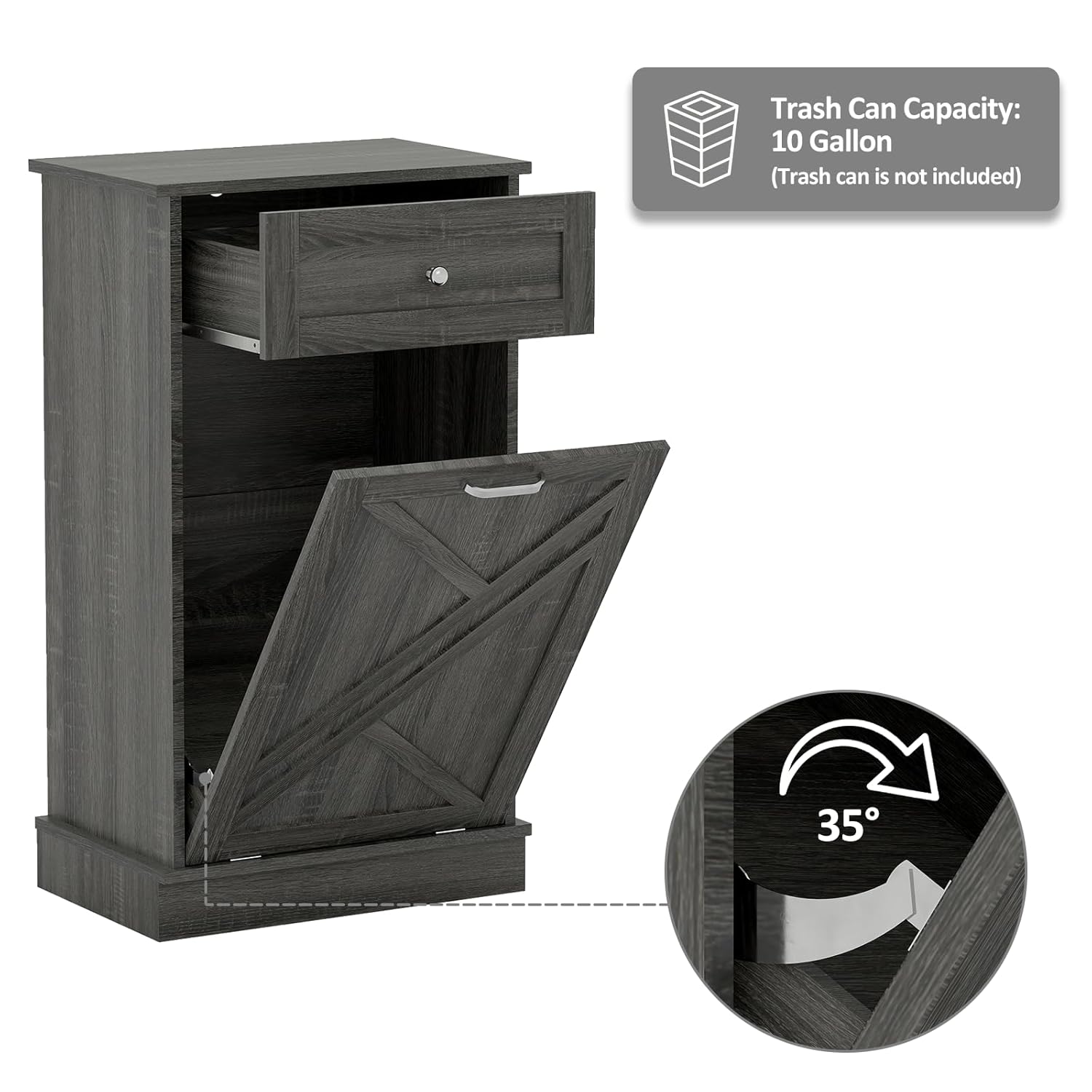 Image showing the 10-gallon trash can capacity and 35-degree adjustable tilt angle of the cabinet.