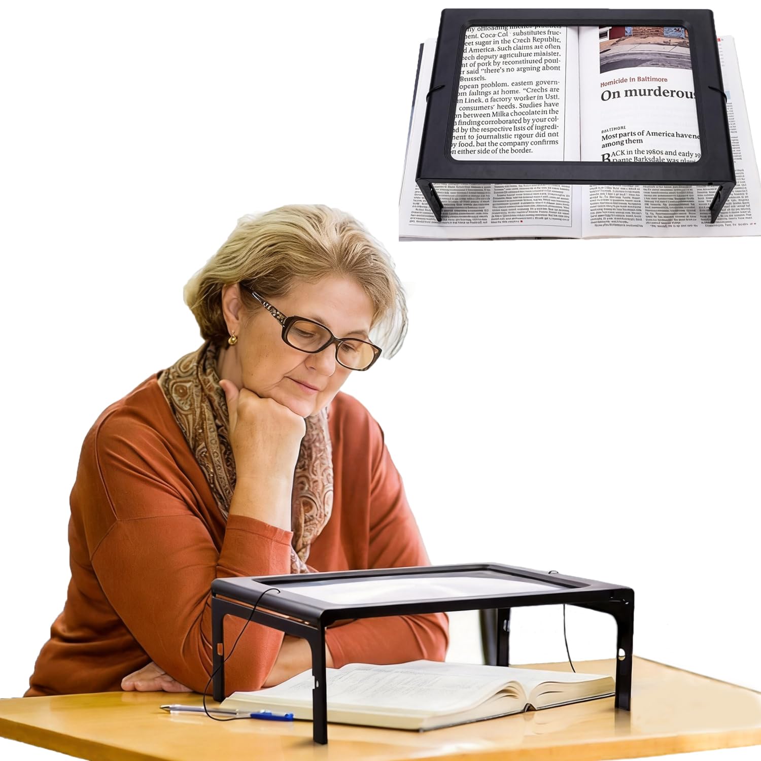 3X Full Page Magnifier Hanging Folding Loupe 4 LED Light Illuminated Hands Free Magnifying Glass Table Desktop Rectangular Magnifying for Books, Reading, Sewing, Crafts, Handcraft