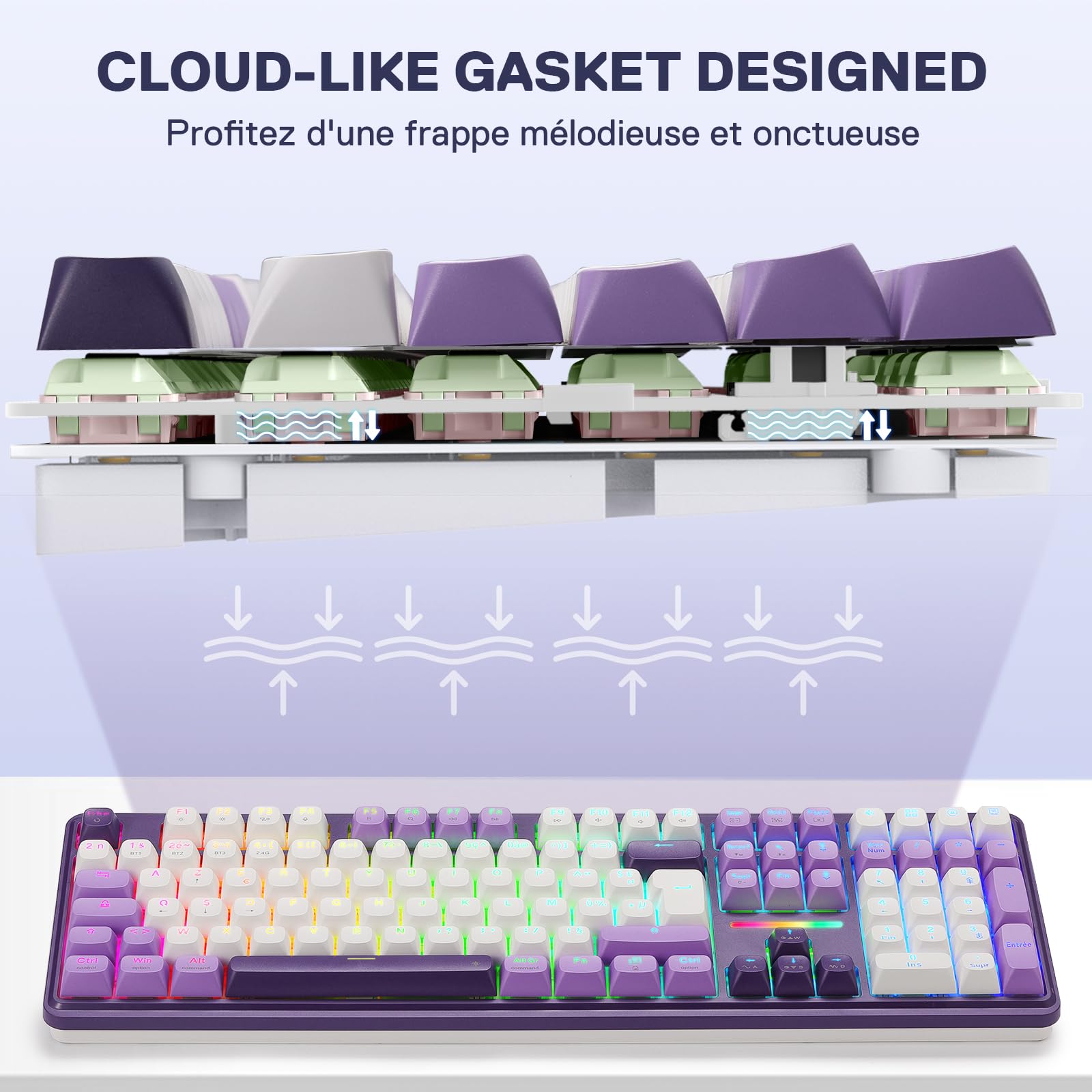 Redragon K745 Pro Clavier Mécanique sans Fil 3 Modes RGB AZERTY FR, 105+4 Touches, 4 Macros, Hot-Swap, Amortissement 5 Couches, Touches PBT Translucides, Switch Linéaire Yolk