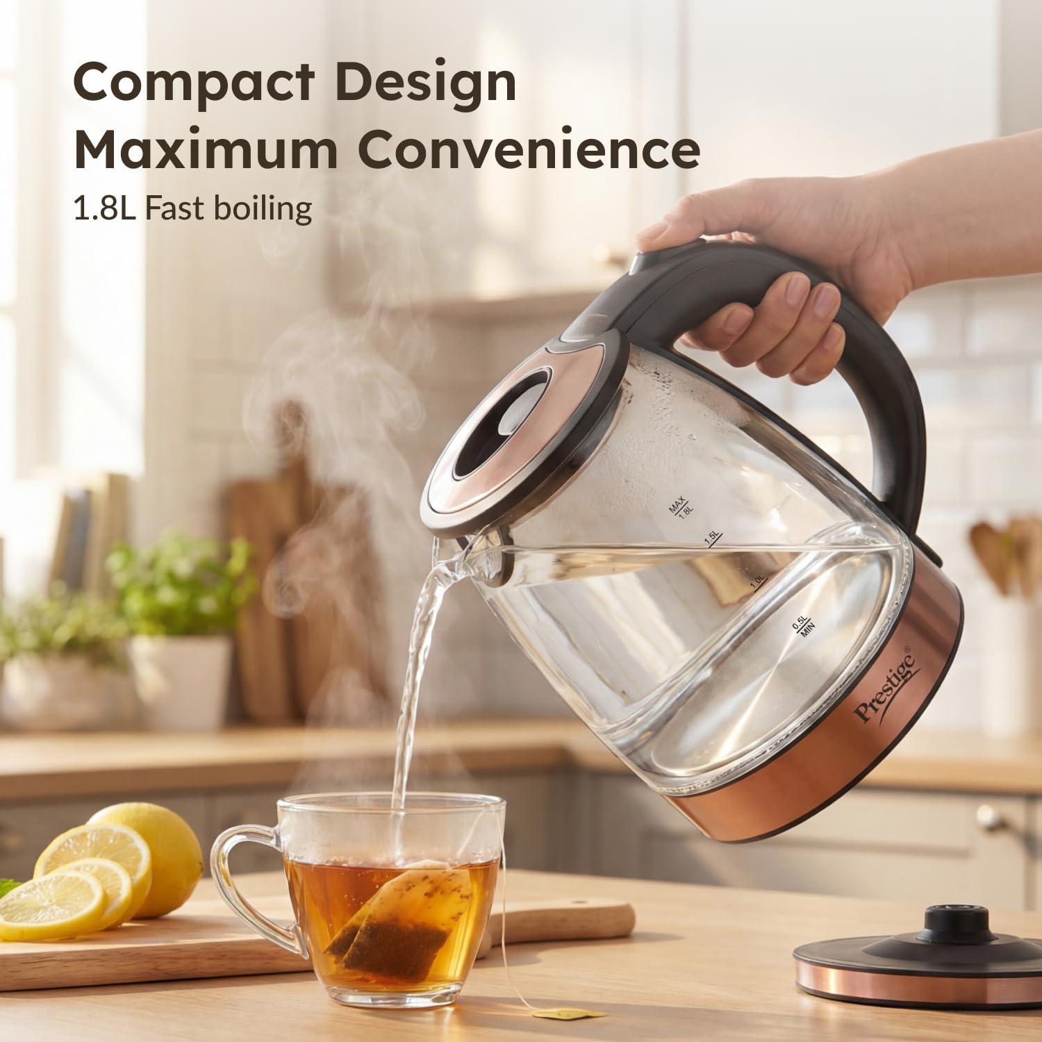 Prestige PKGB 1.8 Litre Electric Glass Kettle| LED Power Indicator| Borosilicate Glass| Automatic Power Cut-Off| Concealed Element| 360 Degree Swivel| Cool Touch Handle, 1350 Watts, Transparent 1