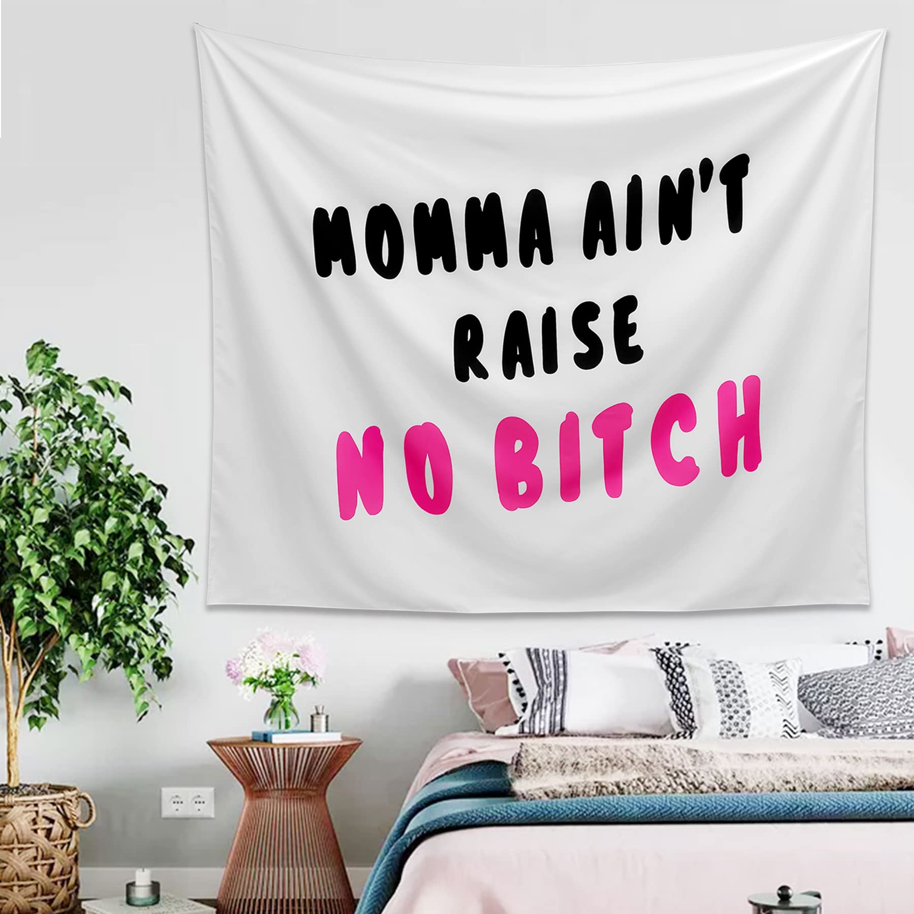 Momma Ain't Raise No Bitch Tapestry Funny tapestries Humorous Words , singer hip hop Boutique Tapestry Wall Hanging, For dormitory, bedroom, living room decoration 59.1X51.2 Inches