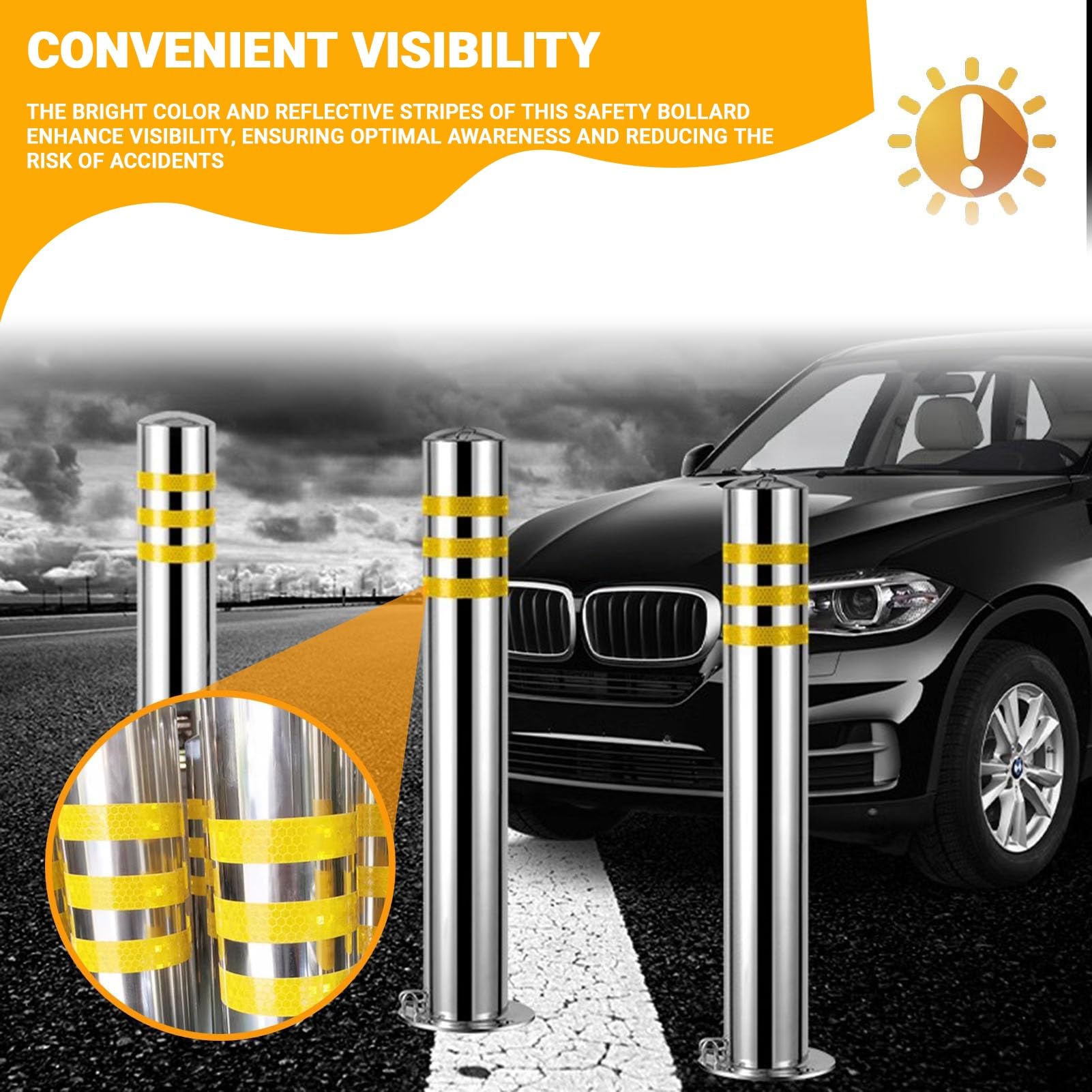 Generico Pali di delimitazione per parcheggio Resistenti e Rimovibili con Serratura - Acciaio Inossidabile con Nastro Riflettente, 4 Pezzi (Giallo, 60 cm/23,6 Pollici) per vialetti, Cantieri e Uso co