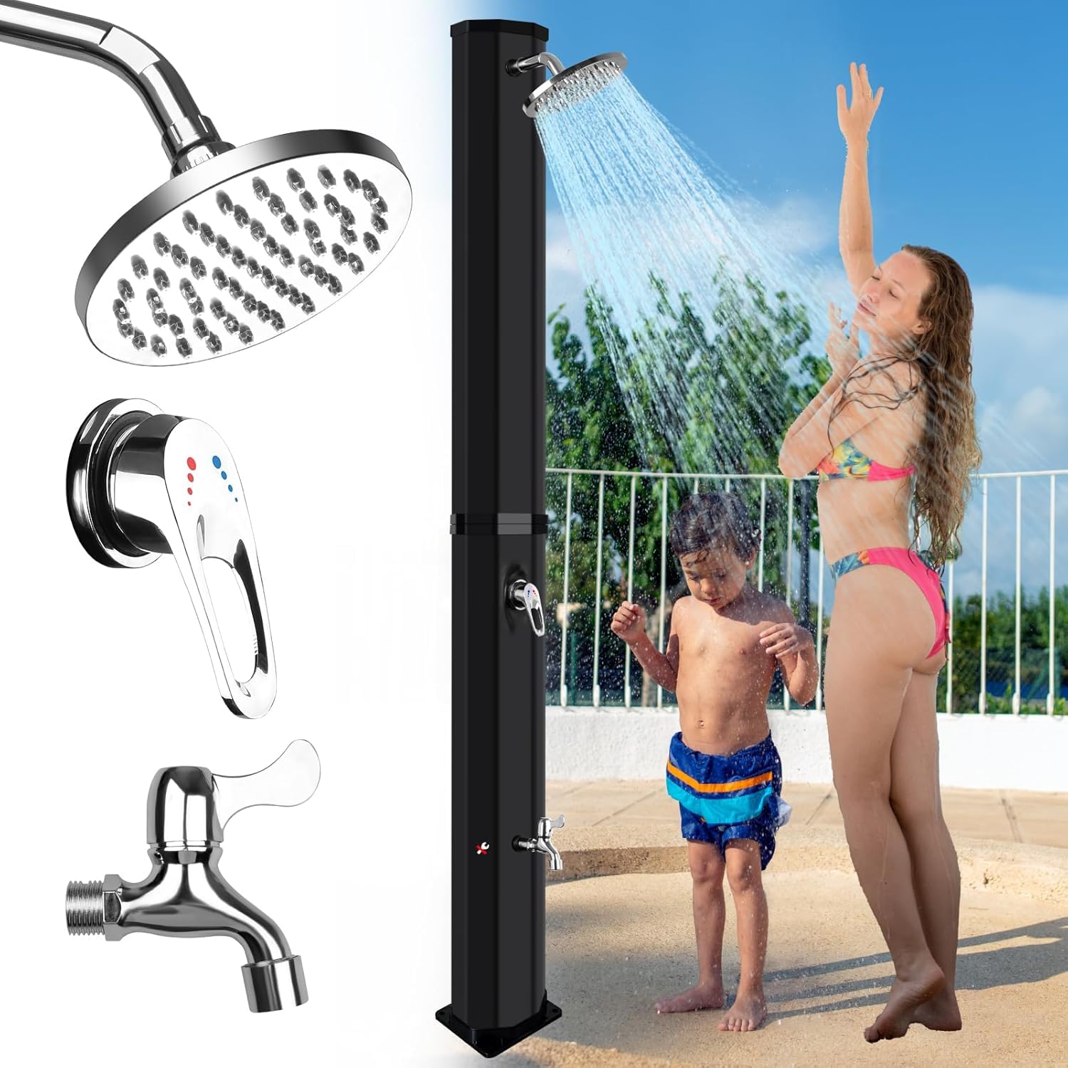 Solar Gartendusche 60 Liter Solardusche mit Drehbarem Duschkopf, Fußarmatur und Abdeckhaube, Einstellbares Warm und Kaltwasser, Maximal 60°C, Aussendusche Solar Dusche für Garten Pool Camping