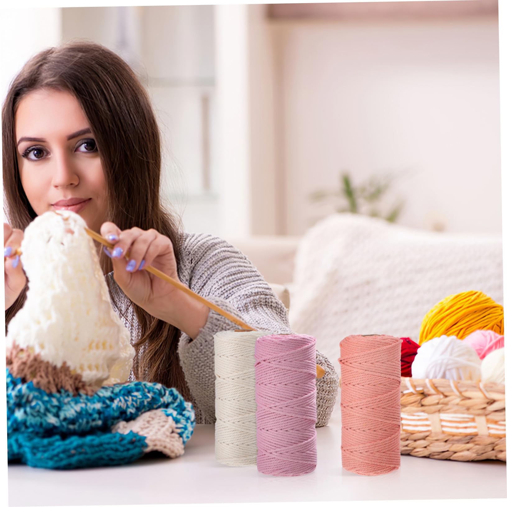 Gatuida 3 Knäuel Baumwollgarn Makramee Garn 3mm Farbige Baumwollkordel Weiches Bastelgarn Vielseitig für Makramee Bastelarbeiten und Stricken