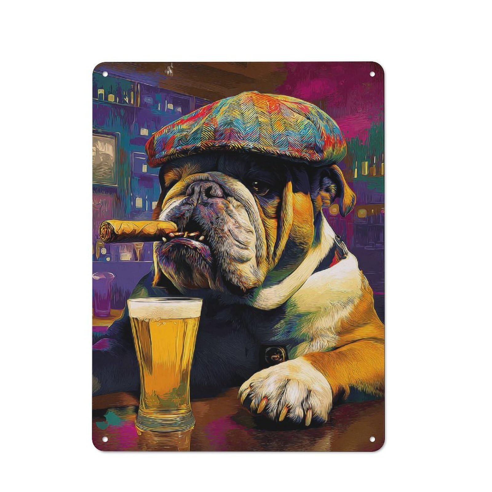 Junmoney Chill Bulldog With Cigar And Beer Printed Metal Sign 40X30cm For Home Office Or Studio, For Winter Room Styling In Home Office And Studio