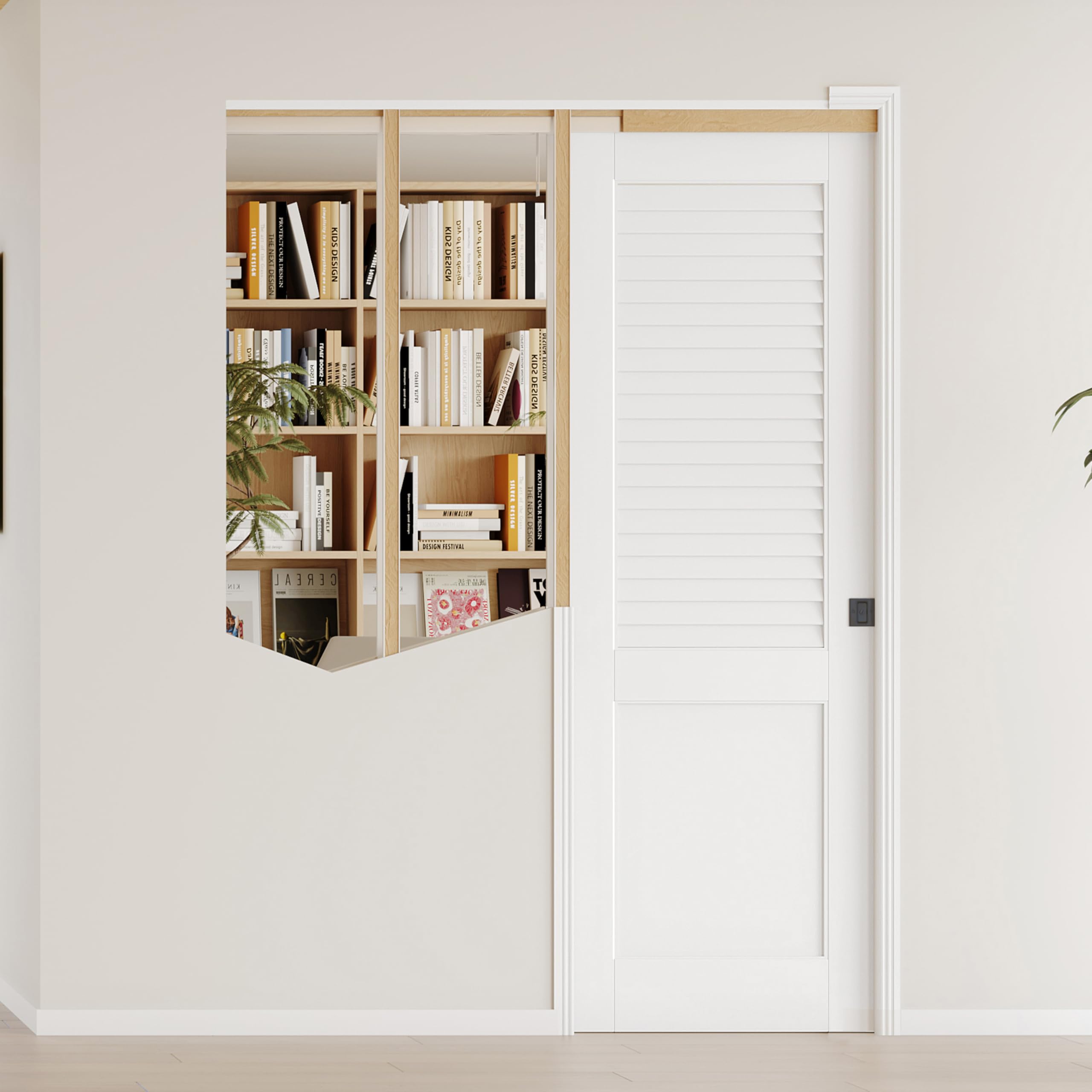 Sliding Pocket Door, 24" x 80", Half-Panel Louvered Pantry Doors with Frame and Hardware Kit, Interior Door, White Primer Closet Doors - No Panel Assembly Required