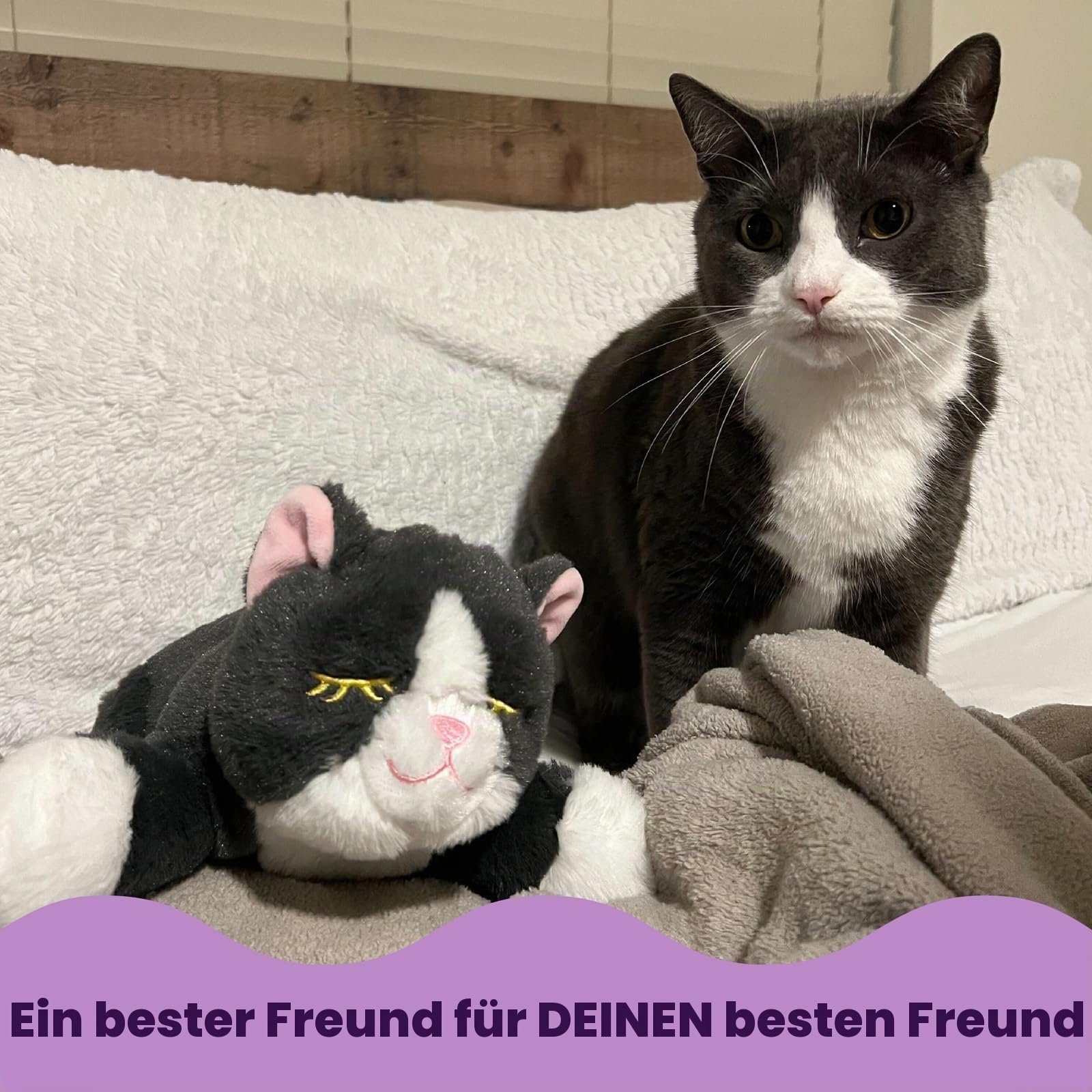 Snuggle Kitty Heartbeat Katzenspielzeug für Kätzchen und Katzen, mit echtem Puls und Wärmekissen, beruhigende Schlafhilfe bei Katzenangst, New Kitten Essentials – Grau und Weiß