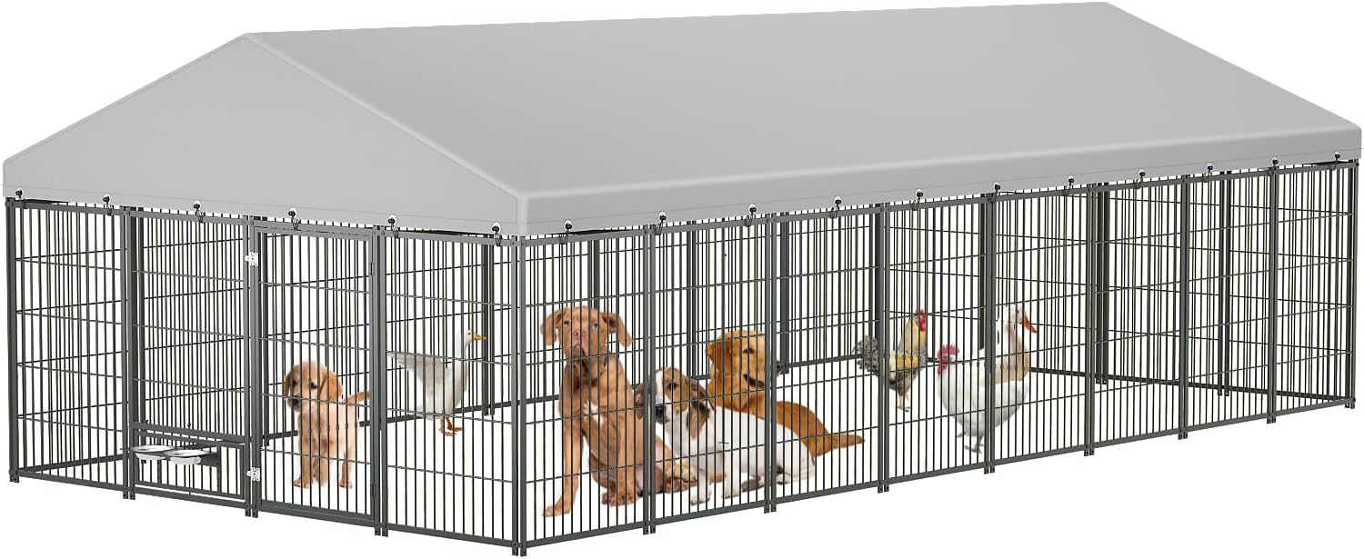 KEIKI Large Outdoor Dog Kennel 18.9'L x 9.61'W x 6.23'H, Metal Pet Enclosure with Roof Cover, Double-Door Lock, Adjustable Feeders, Outdoor Fence for Dogs, Chickens, Rabbits, Ducks