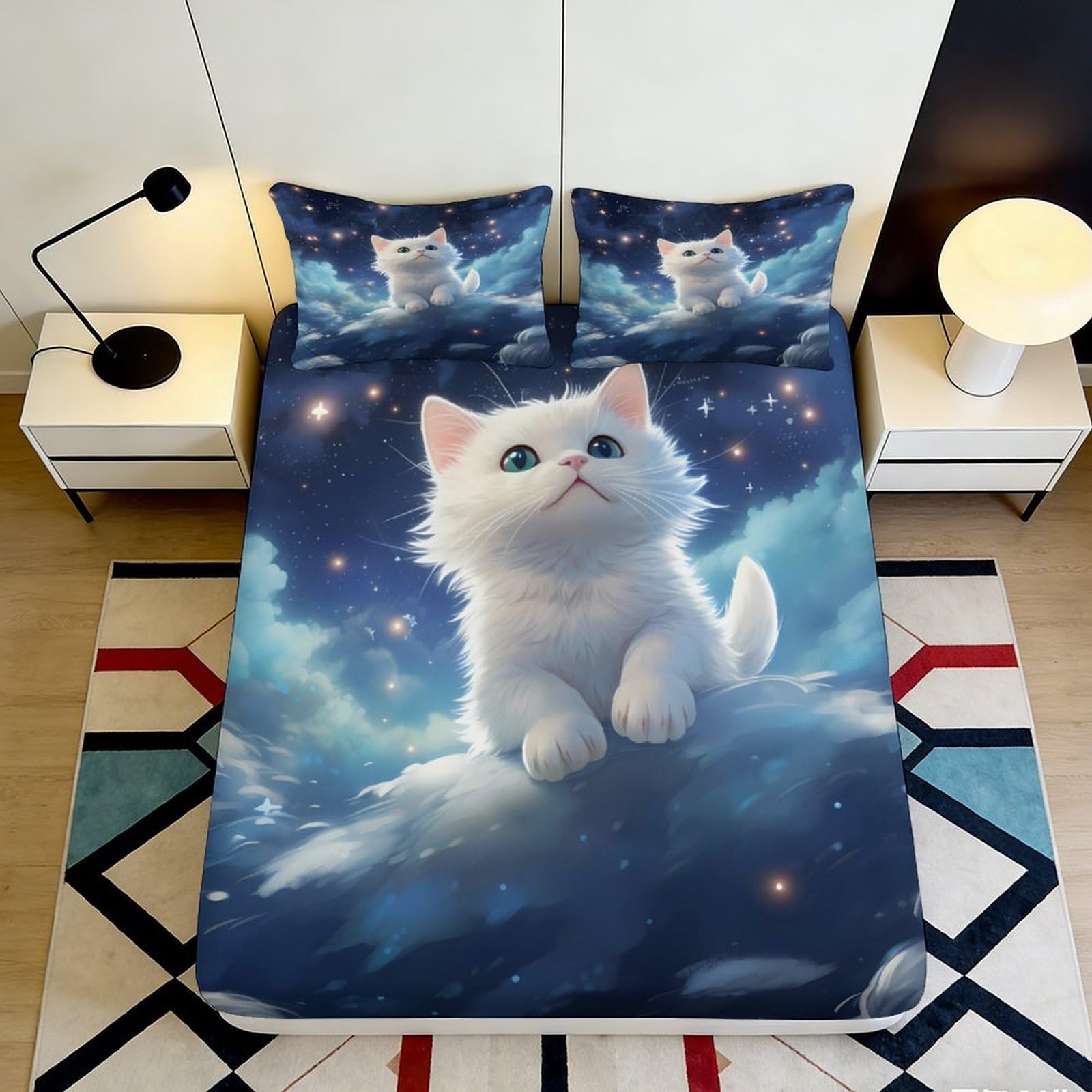3D Printed White Cat Starry Sky Fitted Sheet Microfiber Soft Cartoon Cloud Mattress Cover for Bedroom Decor 90x200x25cm