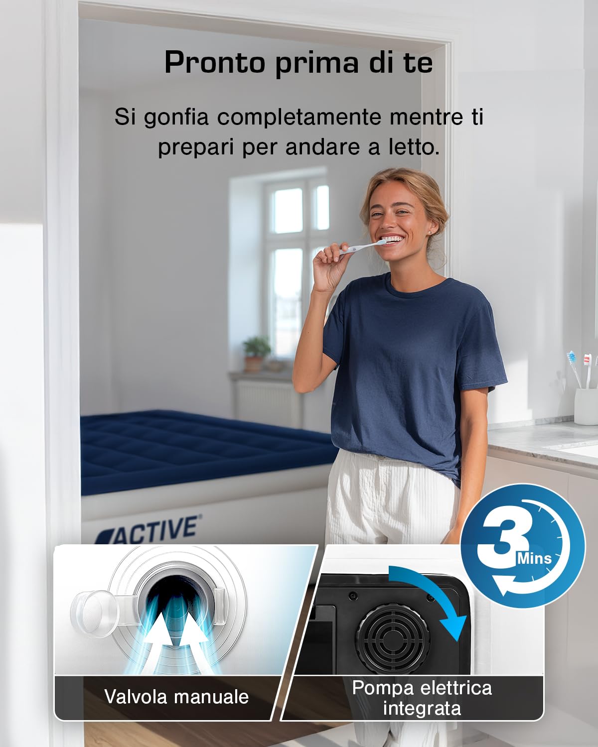 Active Era Materasso Gonfiabile Matrimoniale 152 x 203 x 56cm. Letto Gonfiabile Matrimoniale Rialzato, Pompa Elettrica Integrata, Cuscino Rialzato e Tecnologia I-Beam Strutturata, con Altezza 56cm