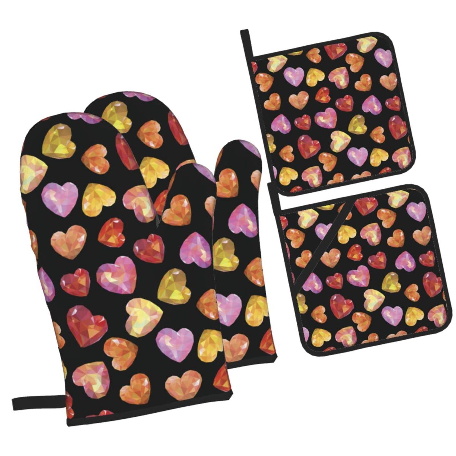 Vector Heart Pattern Oven Mitts and Pot Holders Sets, Christmas Oven Mitt Kitchen Heat Resistant Non-Slip Pot Holders Set for Cooking Baking BBQ
