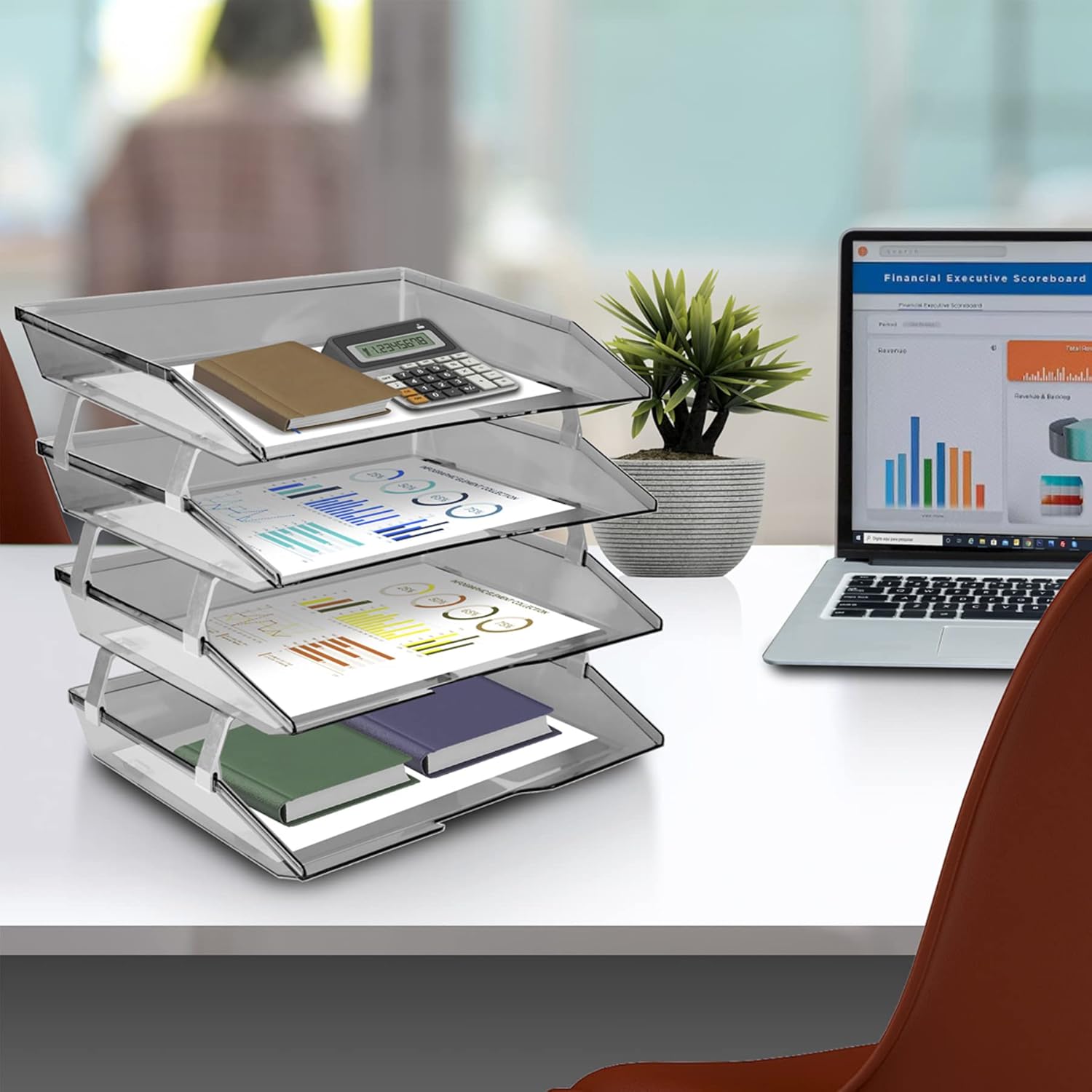 Acrimet Facility 4 Tier Letter Tray, Side Load, Letter Size/A4, Desktop File Organizer, Plastic (Clear Gray)