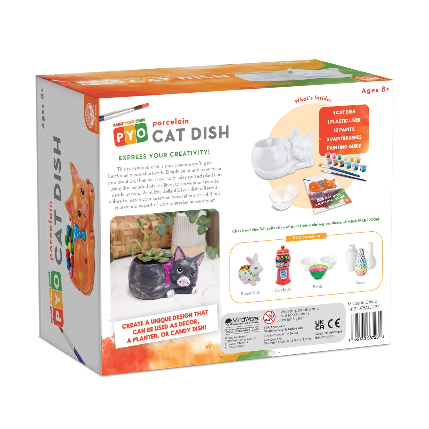 MindWare Paint Your Own Cat Dish – Figurines de peinture en porcelaine pour enfants, adolescents et adultes à partir de 8 ans – Comprend 12 peintures et 2 pinceaux