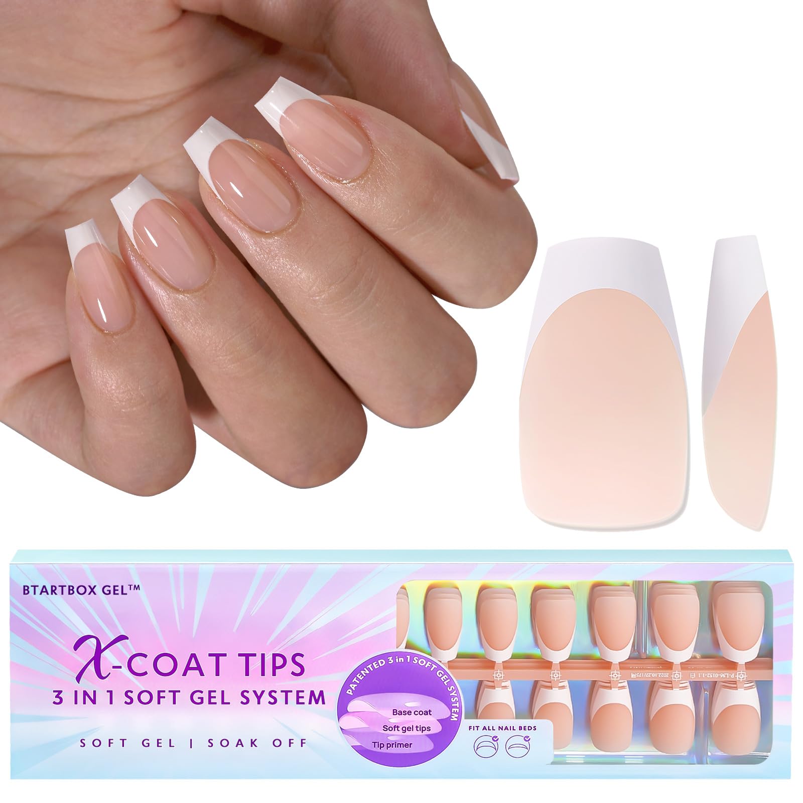 BTArtbox French Tip False Nails - Short Coffin Nail Tips for Gel Extensions, XCOATTIPS Press on Nails, Pre-applied Tip Primer & Base Coat Cover, Nude Soft Gel Fake Nails