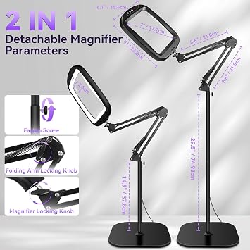 NZQXJXZ 10X 30X Rectangle Magnifying Glass with Light and Stand 2-in-1 Magnifying Lamp mit 60 Einstellbaren Helligkeits-LEDs 5 Farbmodi Leselupe mit Llicht für Senioren Groß Lupenleuchte für Basteln Juweliere