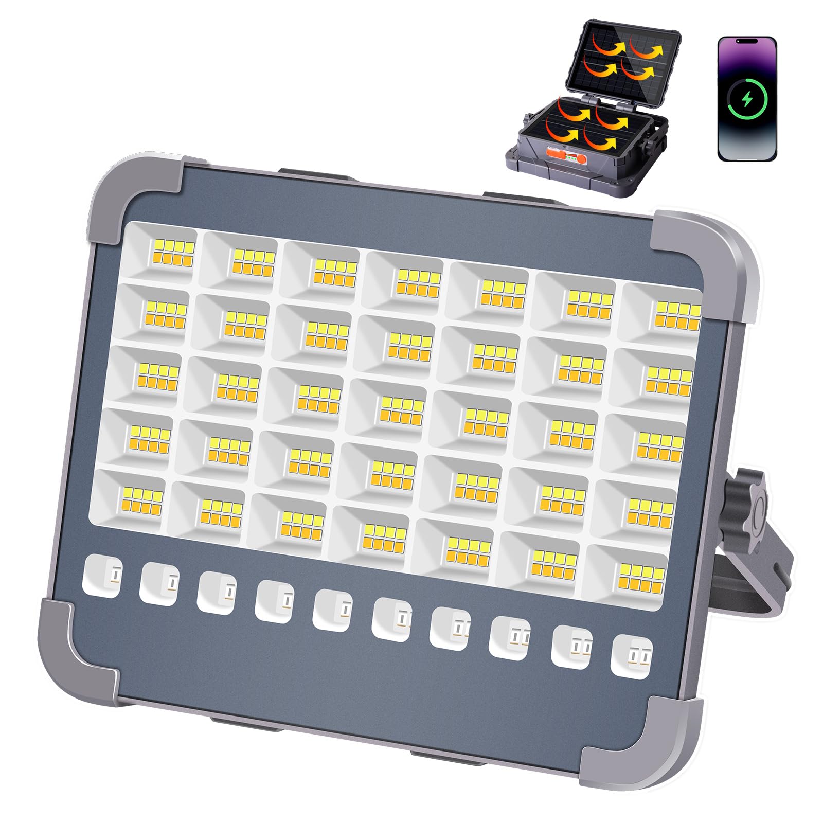 MASMEJOR Faro LED Ricaricabile 100W, Faretto LED Ricaricabile 10000LM 15000mAh con Doppi Pannelli Solari, Funzione Torcia, 5 Modalità, Faro a Batteria Ideale per Campeggio, Lavoro, Pesca