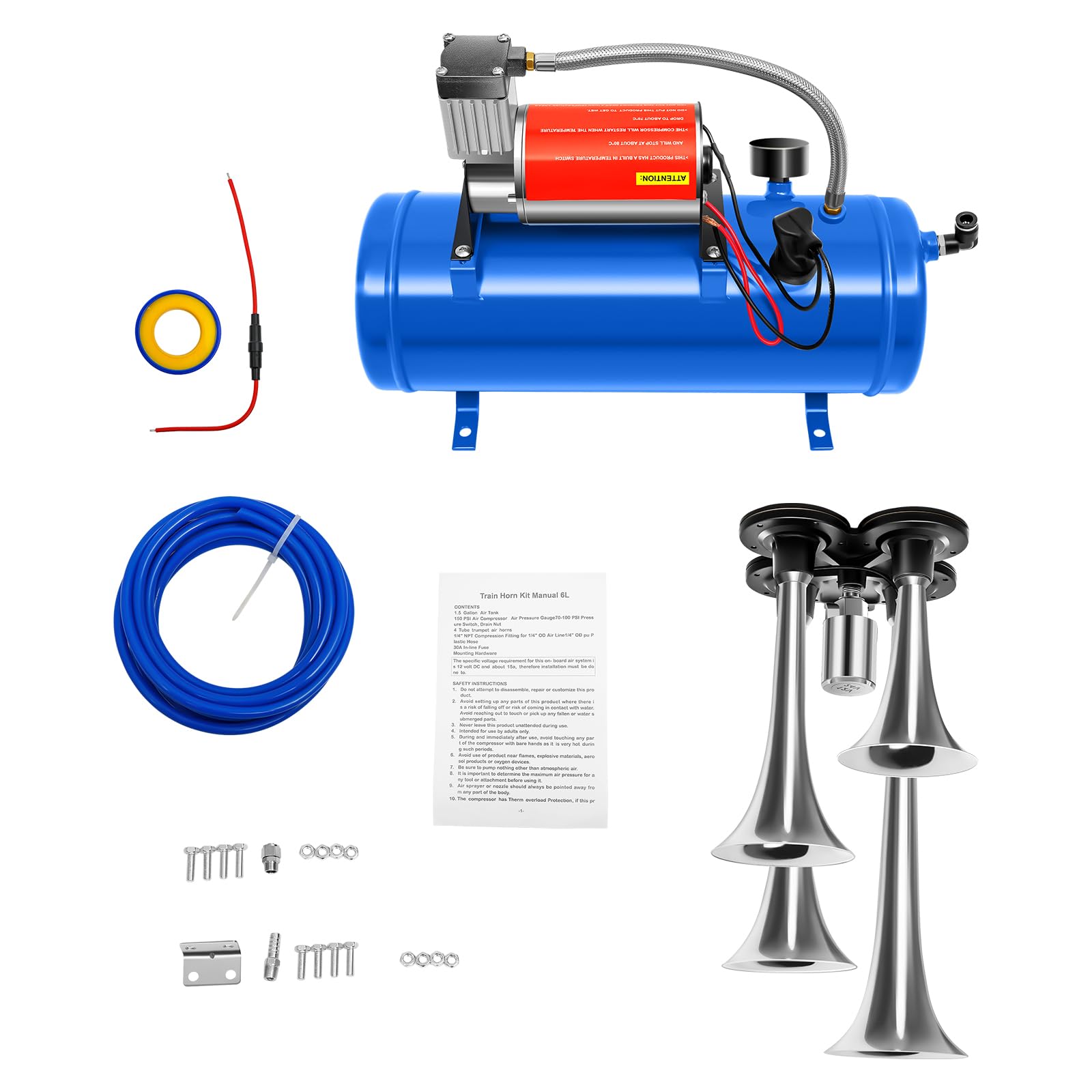Compressore d'aria da 150 dB, 12 V, 4 Trumpet Train Air Horn Kit e compressore d'aria da 150 PSI con serbatoio da 6 l, per auto, camion, treno, furgoni, barche, blu