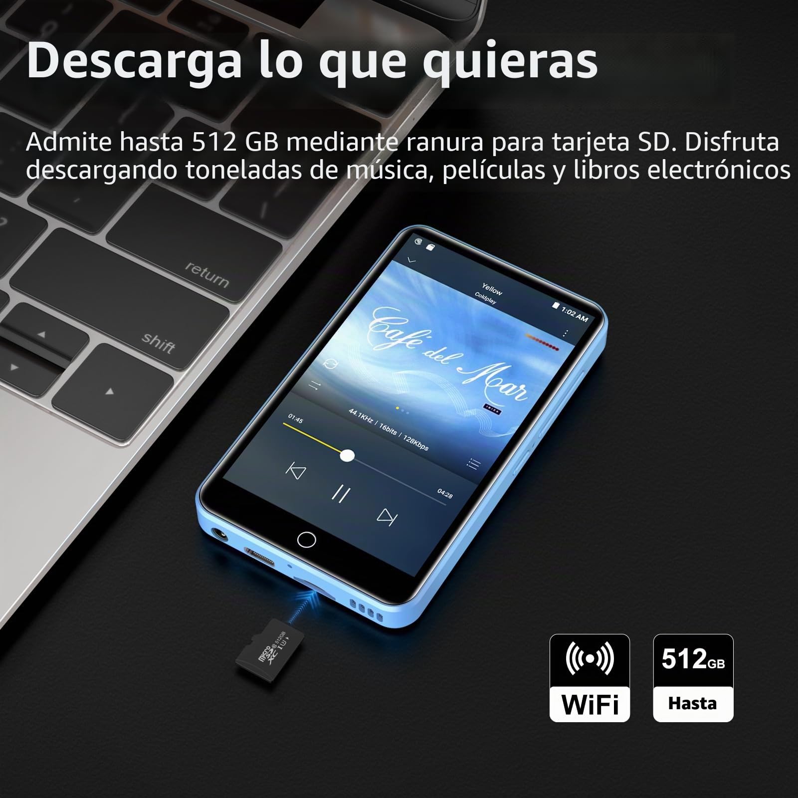 Reproductor MP3 con Spotify, ZAQE 80 GB MP3 Player con Bluetooth y WiFi, Reproductor MP3 con música de Amazon, Audible, Deezer, Pantalla táctil de 4 Pulgadas, Reproductor MP4 para niños (Azul)