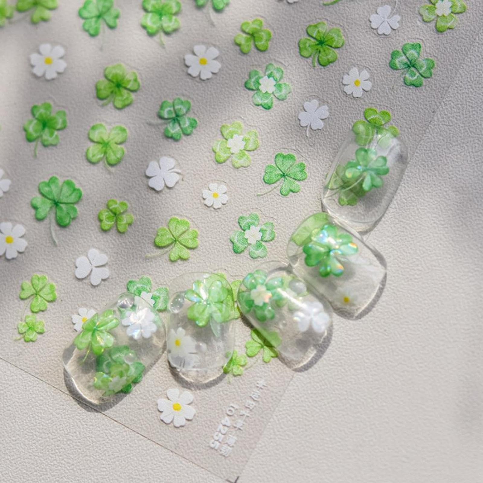 Clover Nail Art Stickers Green White Nail Stickers for Nail Art Spring Plant 5D Embossed Nail Decals Self-Adhesive Nails St Patricks Supplies Manicure Decoration