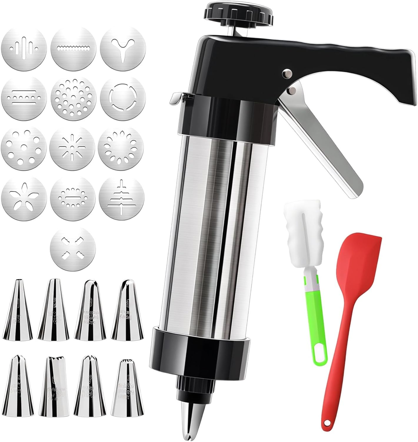 Cookie Gun Kit Press Set 15 In (38 Cm), 13 Discs Stainless Steel With 8 Piping Tips, Brush Spatula Baking Icing