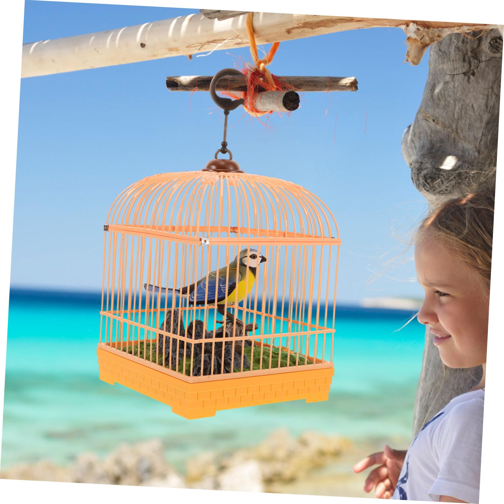 Juguete de Pájaro Activado por Audio con Efectos Realistas y Diseño de Jaula de Plástico Portátil para Entretenimiento y Ambientación en Habitaciones Infantiles