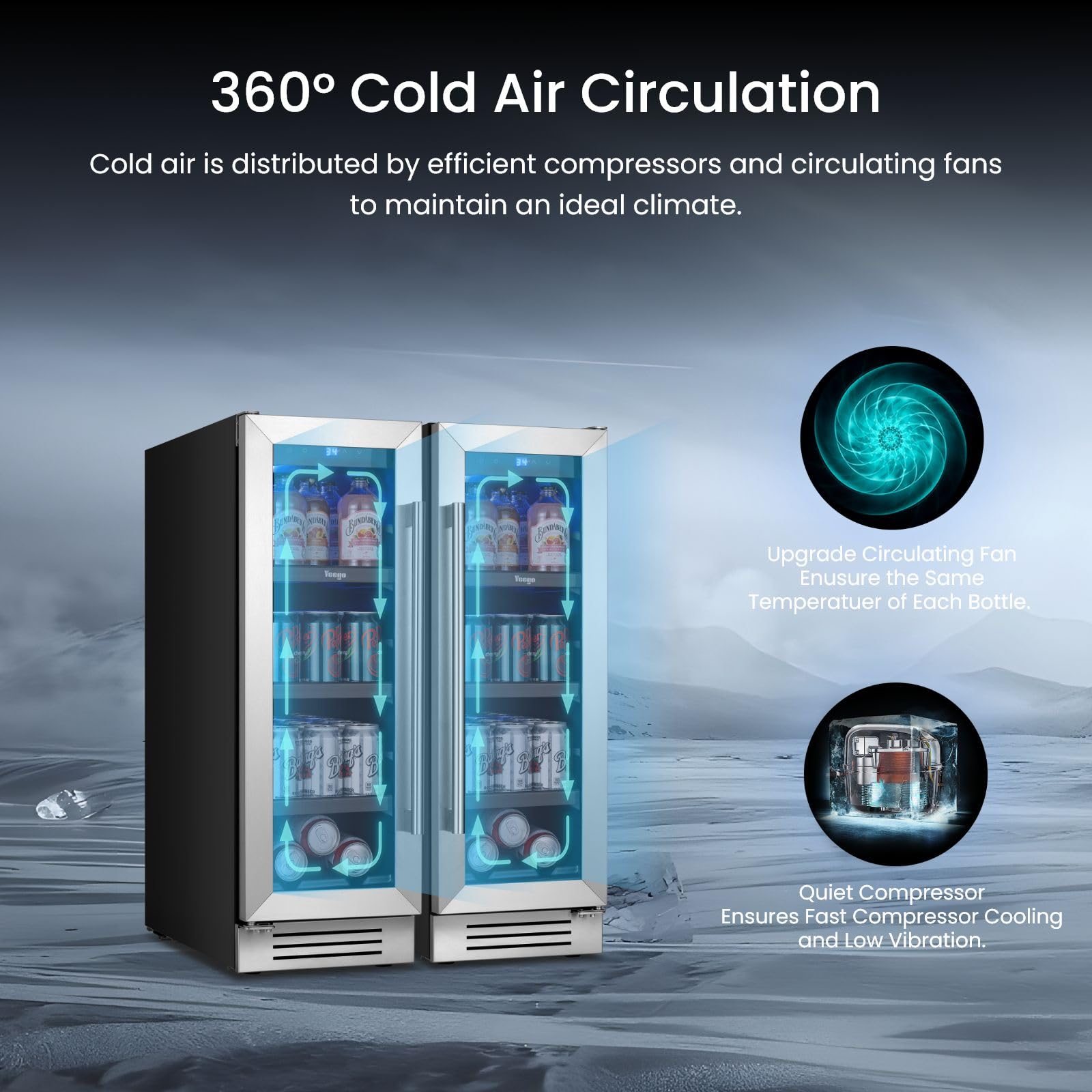 YEEGO Beverage-Refrigerator,12 Inch Beverage Cooler 2pcs Small Wine Fridge Built-In Or Freestanding With Auto Defrost, Mini Fridge With Glass Door For Bottles And Cans Beer/Soda/Water/Wine on Fridge.com - View 4