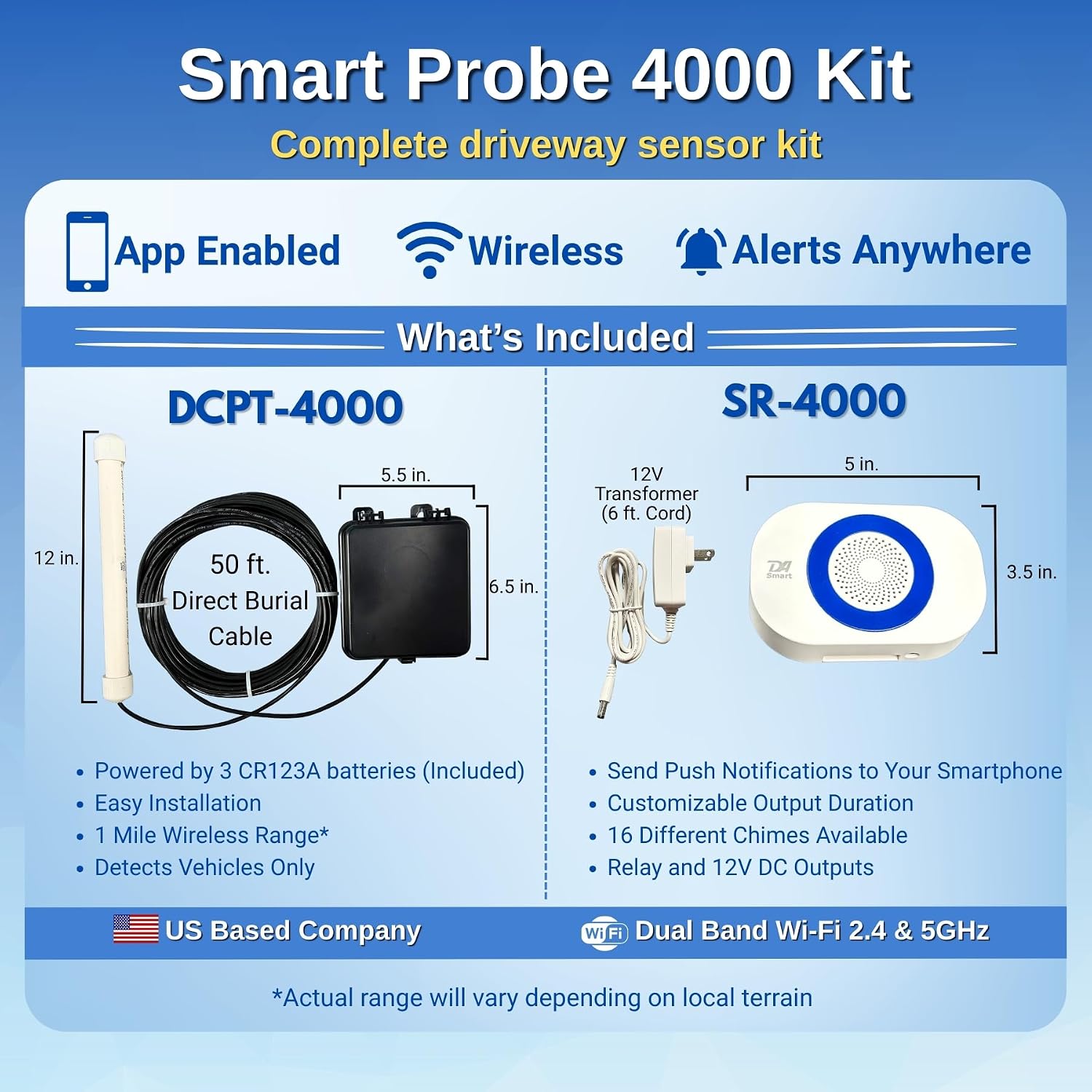 Dakota Alert Smart Probe 4000 Driveway Alarm – Vehicle Detection Sensor with SR-4000 Wi-Fi Smart Receiver, Smartphone App Alerts, 1 Mile Wireless Range, Driveway Vehicle Sensor, No False Alerts