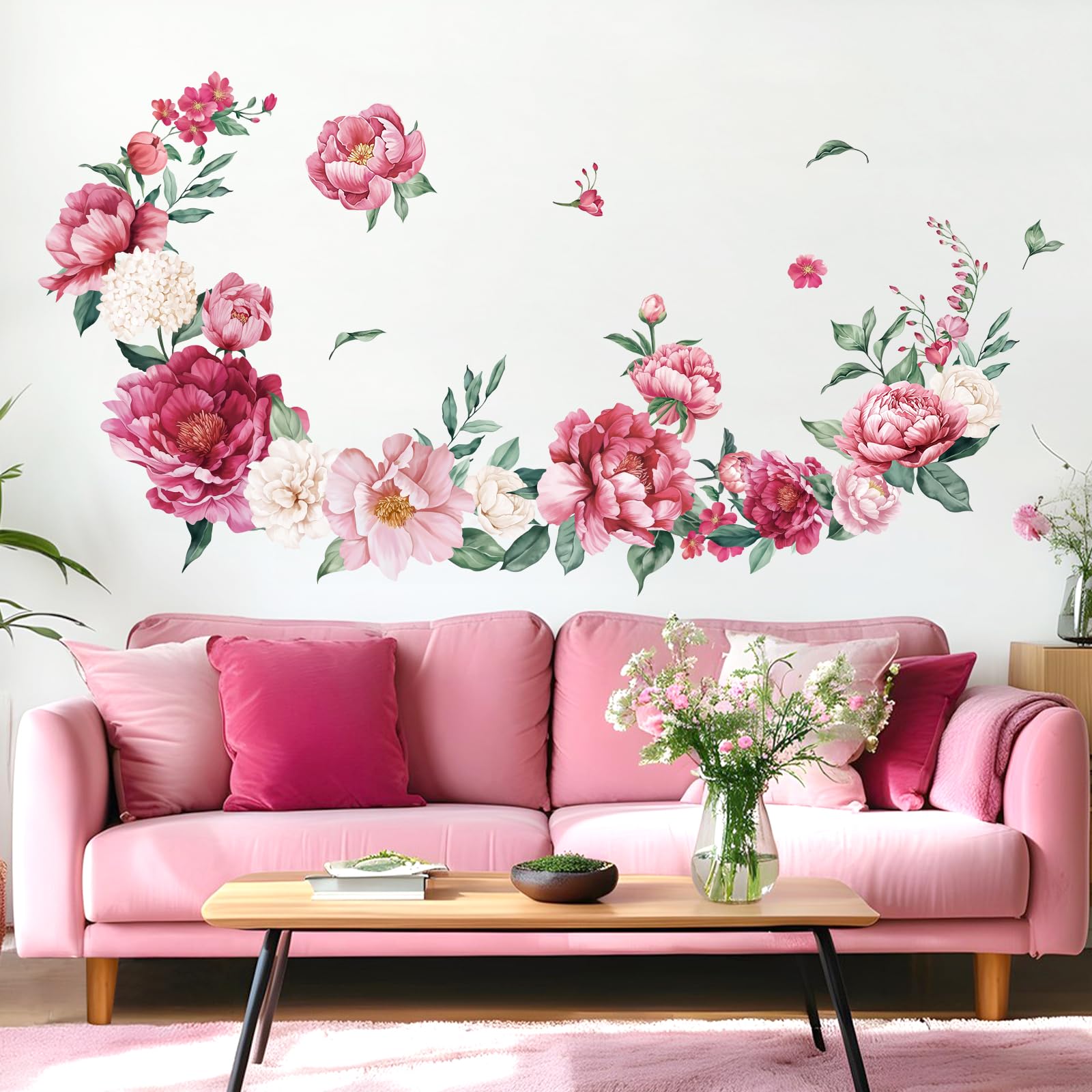 Fufuquare DIY Wall Stickers, Pink Flowers Wall Decals for Bedroom Nursery Living Room Bathroom, Floral Hoop Peony Wall Decal
