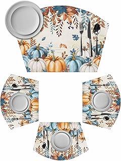 DecorLovee Orange Blue Fall Placemats Set of 6 for Dining Table, Woven Round Table Placemats, Thanksgiving Pumpkins Harvest Botanical Table Mats Washable Placemat Indoor/Outdoor Patio Kitchen Décor